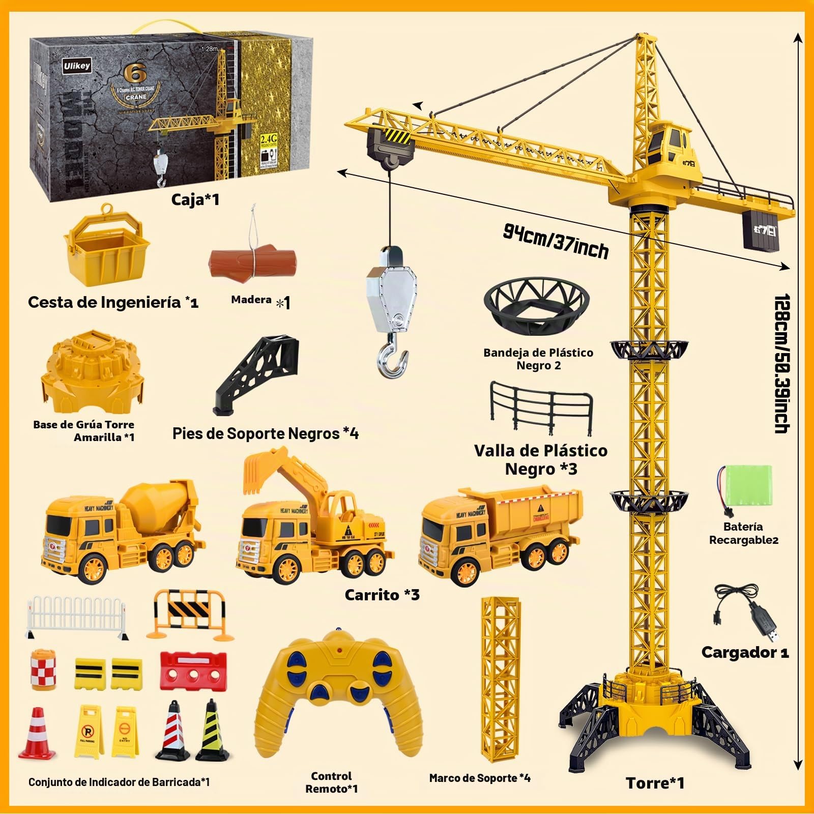 Ulikey Grúa Torre Teledirigida, 2.4GHz Gruas de Juguete de 6 Canales, 128 cm RC Grúas Torre de Construcción, Elevador Giratorio de 680, con Luces y Sonidos, Regalos para Niños de 3 a 10 Años
