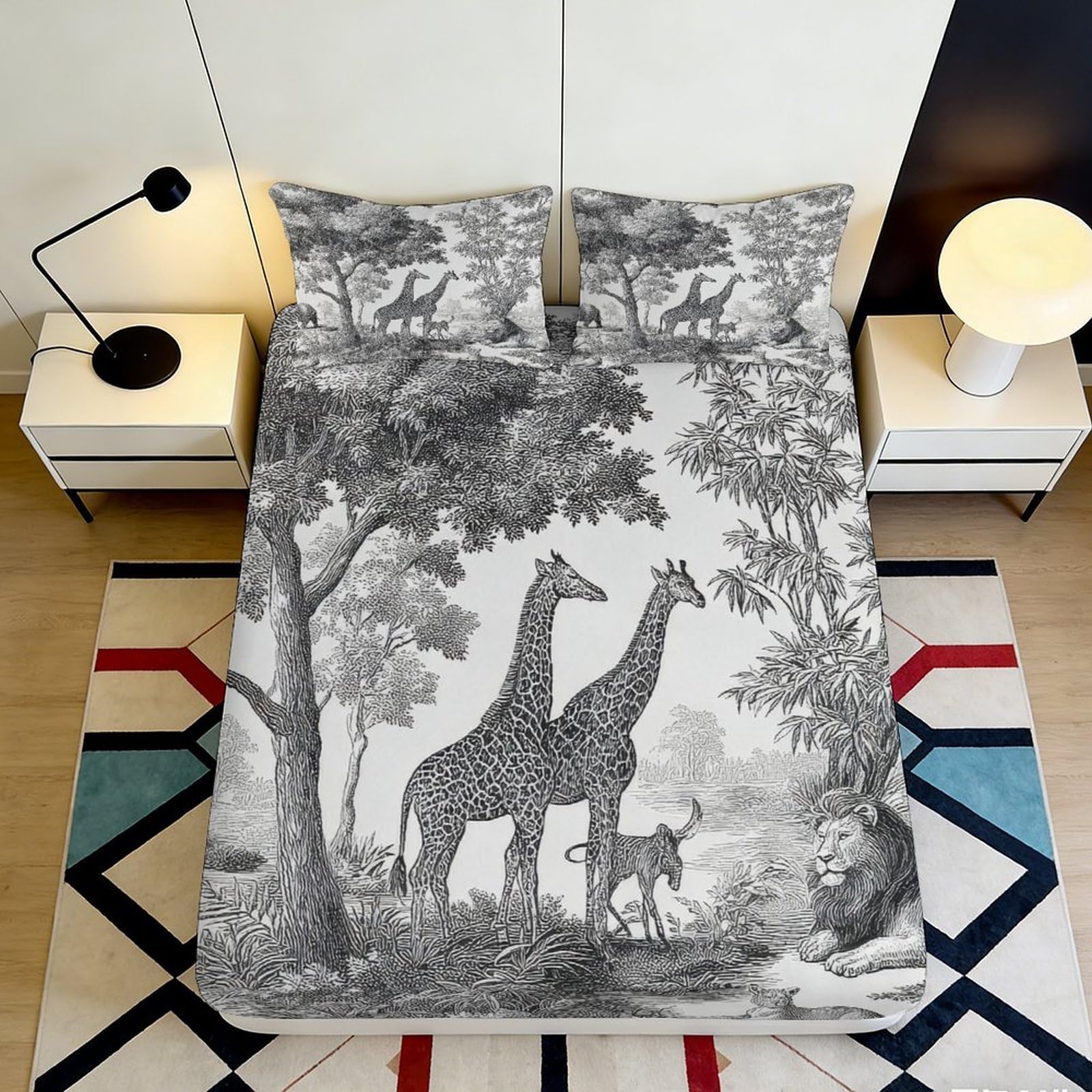3D Printed Safari Giraffe Fitted Sheet Microfiber Black White Jungle Lion Mattress Cover for Bedroom Home Decor 200x200x25cm