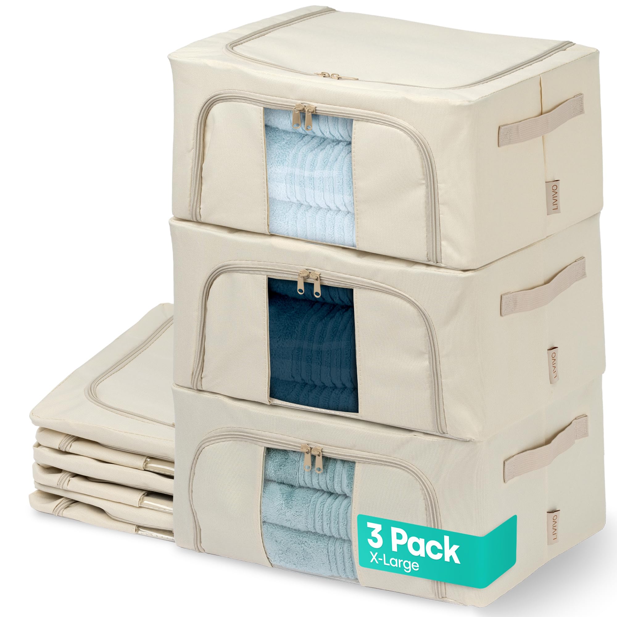 Livivo 56L - Beige Set Of 3 Storage Bags Boxes Organiser - Collapsible Storage Box With Double Opening Zips & Clear Windows For Storing Duvets, Blankets, Bedding, Clothes, Towels, Sweaters, Toys - 56L, Beige