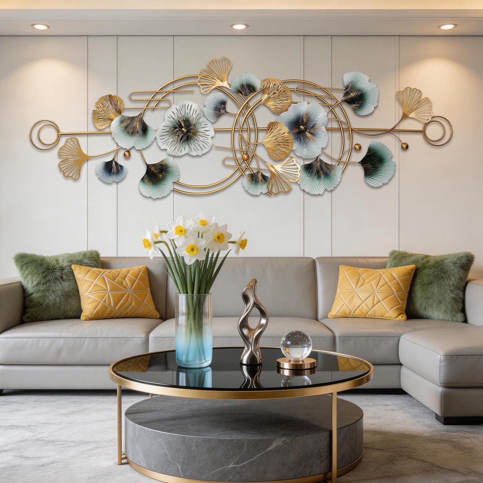 Wudlep Gold 127×50Cm Ginkgo Biloba Metal Wall Ornaments, 3D Dimensional Metal Sculpture, Ginkgo Biloba Living Room Wall Decoration, Large Living Room And Home Decor