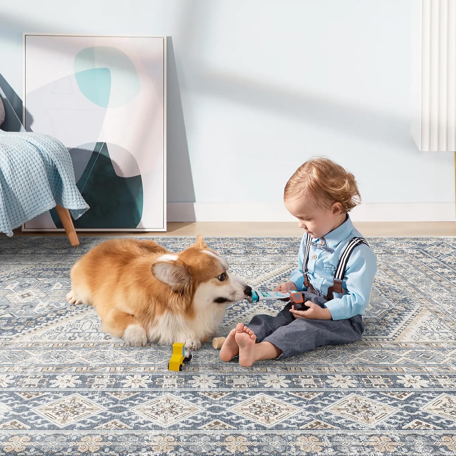 3x8 Runner Rug Kitchen Washable:Oriental Indoor Hallway Runners with Non Slip Backing Floor Mat for Entryway Door Low Pile Thin Carpet for Bedroom Bathroom Living Room Bedside (Blue, 3x8)