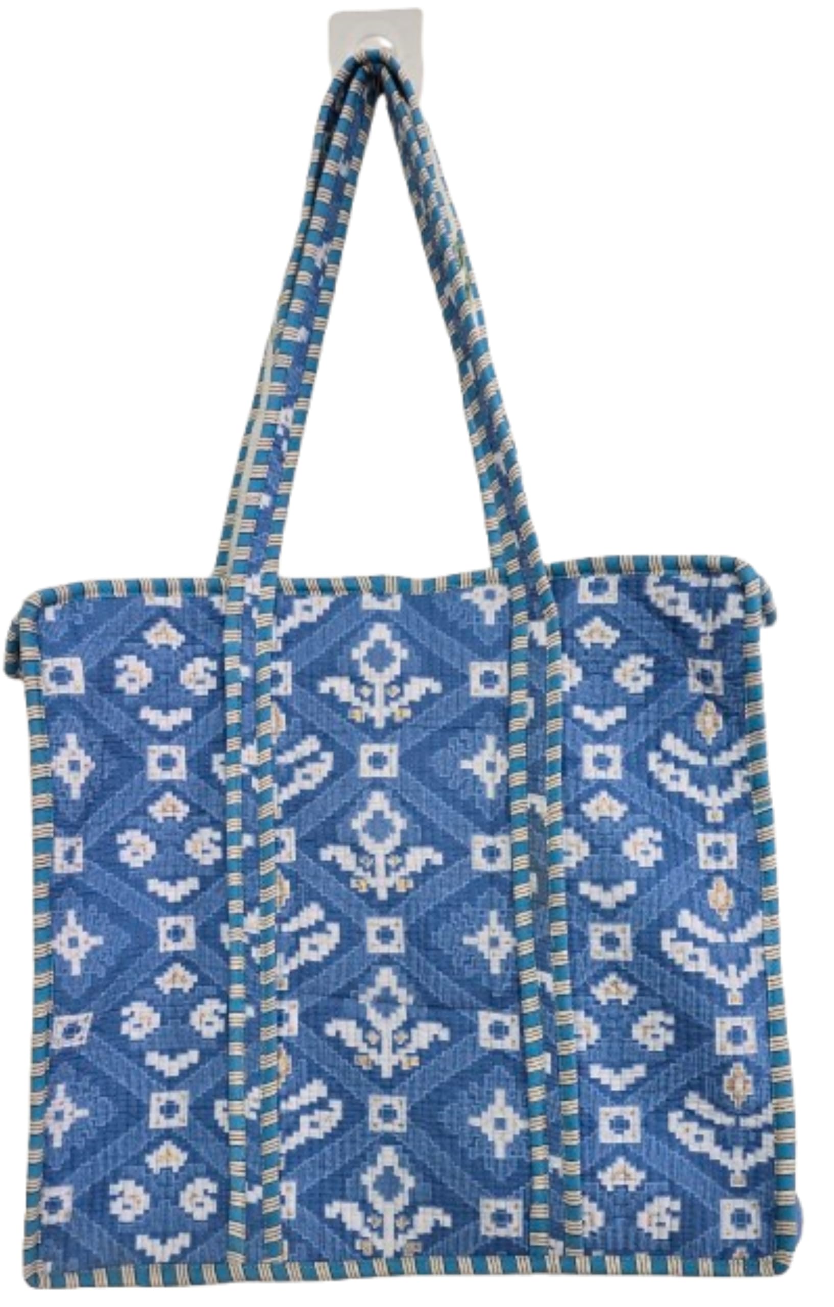 Aashita Creations Quilted Cotton Tote Bag, Printed Shoulder Bag, Shopping Grocery Stylish Tote Bags (Light Blue)