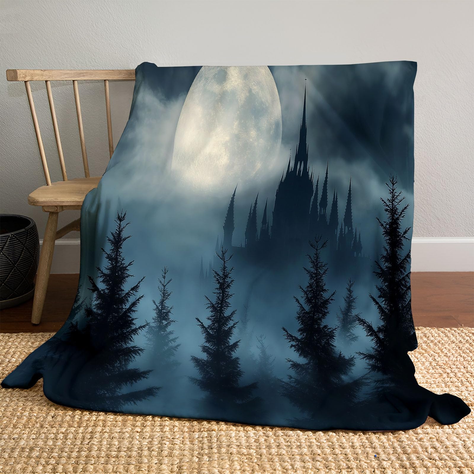 Couverture Halloween en flanelle noire motif château gothique dark fantasy
