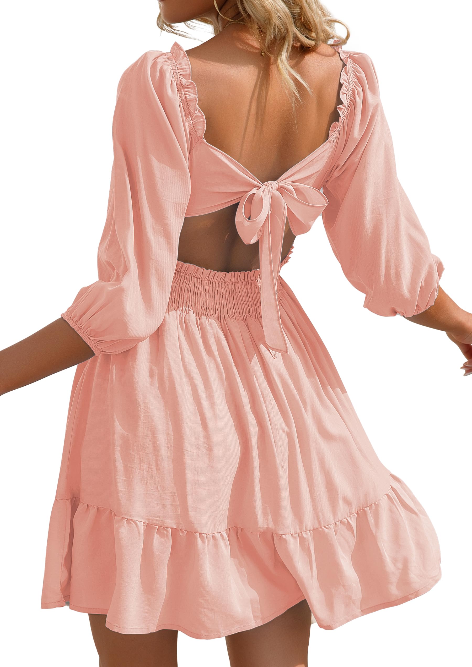 Phortric Womens Summer Tie Back Dress Square Neck Lantern Sleeve Off Shoulder Casual Mini Dresses