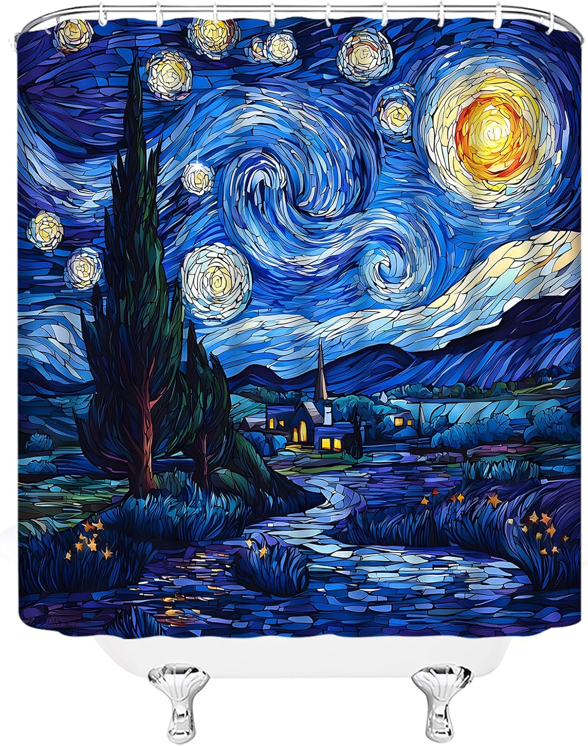 Starry Night Shower Curtain Stained Glass Abstract Art Stars Moon Country Nature Fabric Bathroom Decor Set with Hooks,(70" Wx84 H)