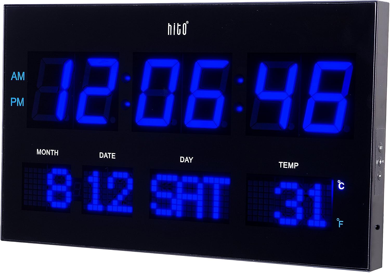 HITO 14.2” Large Oversized LED Wall Clock Seconds Date Day Indoor Temperature Adjustable Brightness Memory Function Adapter Included Decorative for Living Room Office Conference Room Bedroom (Blue)