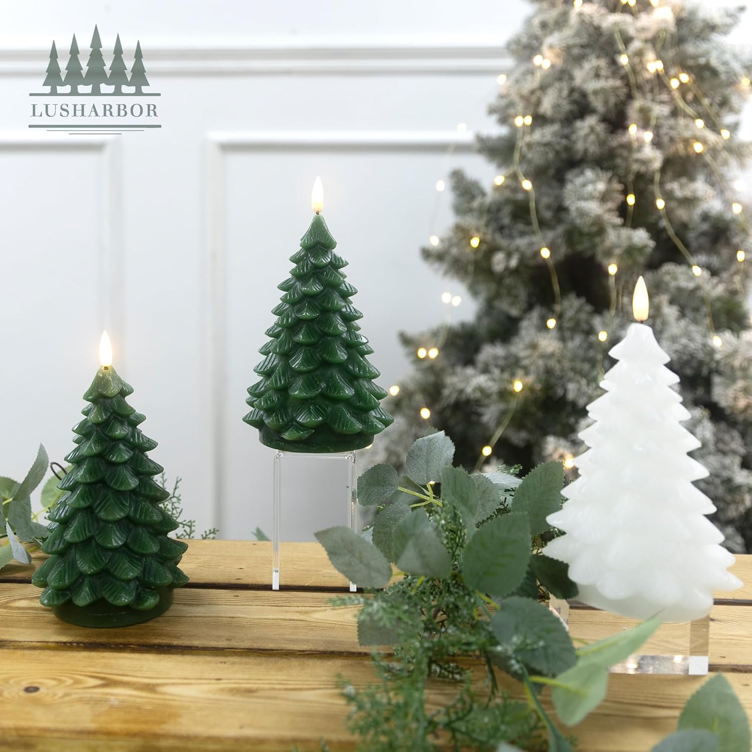 LUSHARBOR Flameless Candles with Remote Timer, 2 Pack Christmas Tree Candles Battery Operated LED Candles Real Wax Holiday Christmas Decoration for Bedroom Party Festival Gift Green