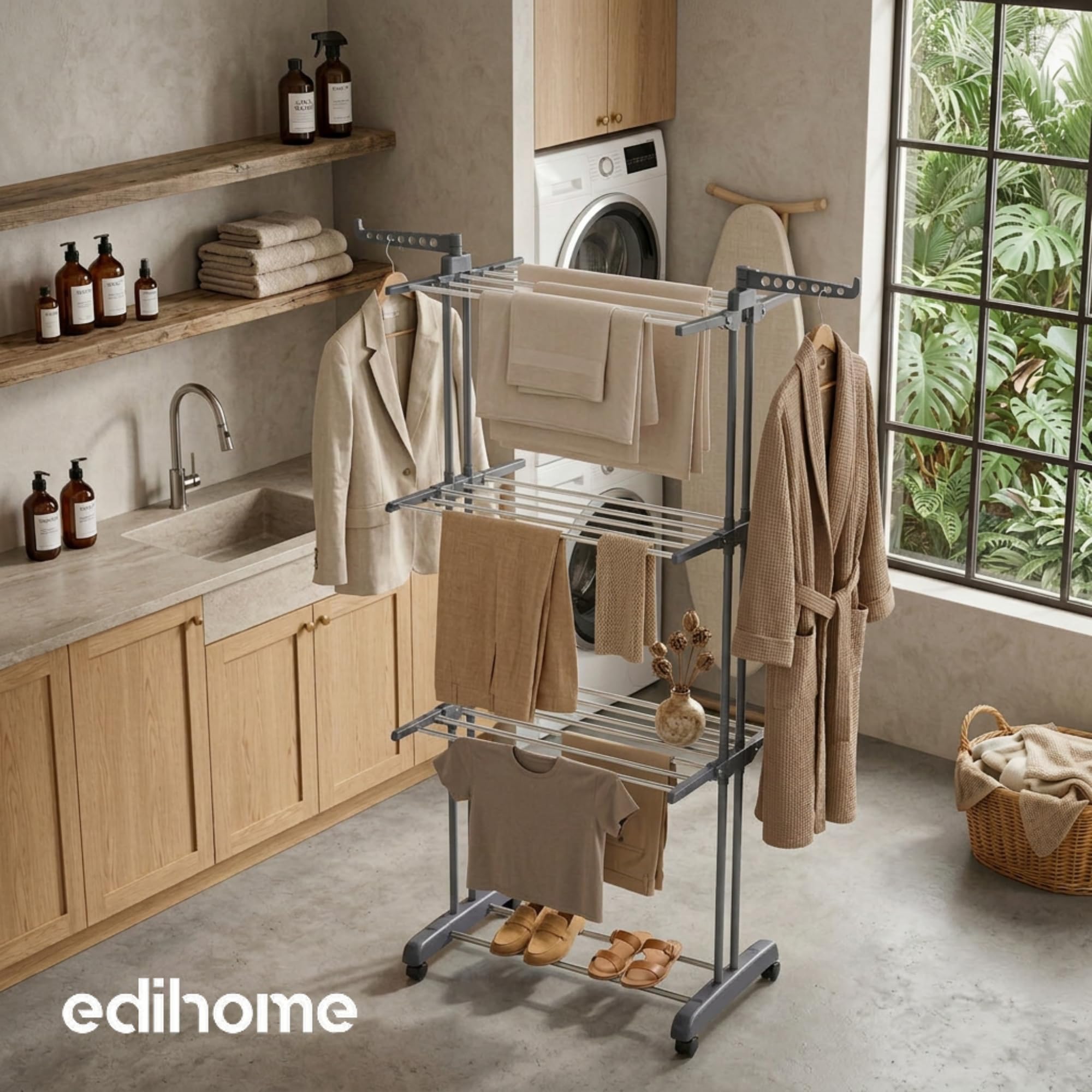 edihome, Tendedero Vertical, Plegable, 4 Niveles con Alas Laterales, Acero Inoxidable, 35 kg Capacidad, con Ruedas, Ahorra Espacio, Interior y Exterior (Gris)