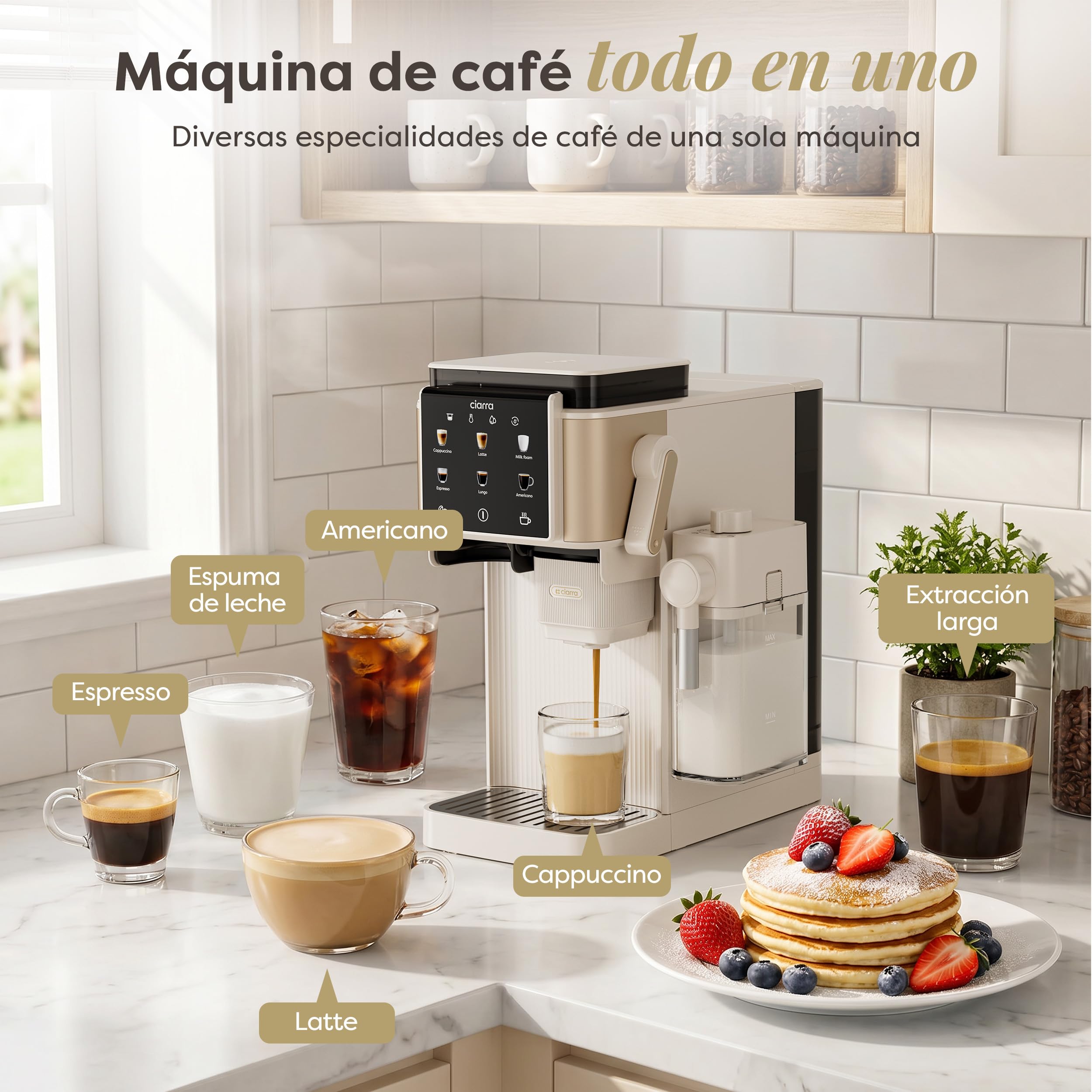 CIARRA CBSACM-D6 Cafetera Espresso con Molinillo y Espumador 15 Bares | Semiautomática para Cappuccino y Latte, Depósito de Granos 80 g PID Control de Temperatura Depósito 1.0L