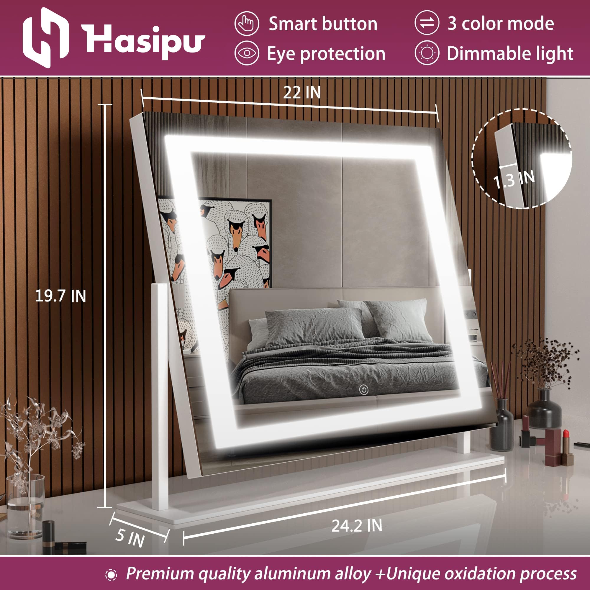 Hasipu Specchio da trucco con luce, 55 x 45 cm, specchio cosmetico con illuminazione, specchio cosmetico a LED con ingrandimento 10x e porta di ricarica USB, luce a temperatura 3 colori, Smart Touch,