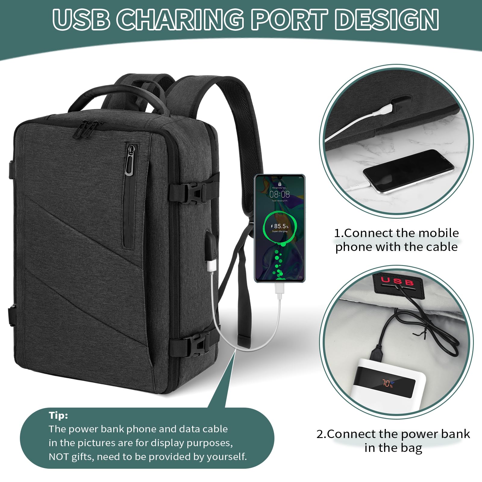 VOESLD Zaino per Ryanair 40x20x25, Zaino da Viaggio Aereo Bagaglio a Mano Porta PC Donna Uomo Grigio Scuro per Tutte le Principali Compagnie Aeree, 20L