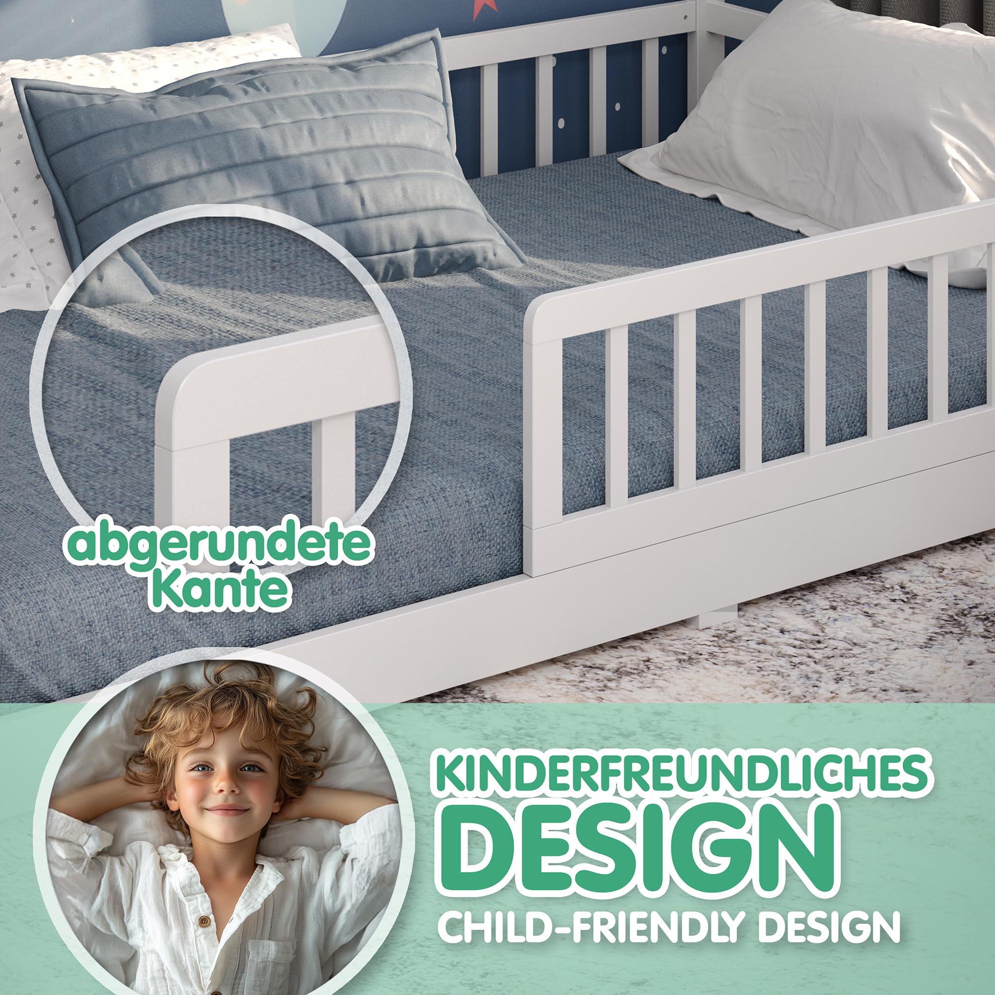 CADANI Malte Kinderbett 120x200 cm – Hausbett mit abnehmbarem Rausfallschutz, bis 200 kg belastbar, Roll-Lattenrost, Montessori Bodenbett aus Massivholz Kiefer, Weiß