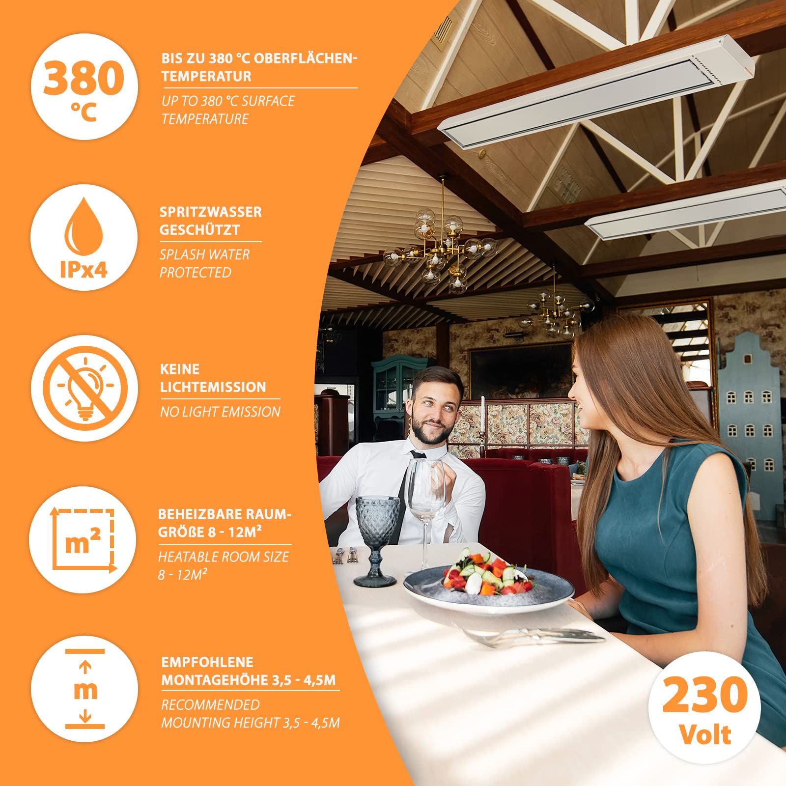Ecosun S+ Infrarot Dunkelheitstrahler Wärmstrahler 1200W IPX4 Heizstrahler für Gastronomie Lagerhalle Werkstatt Garage