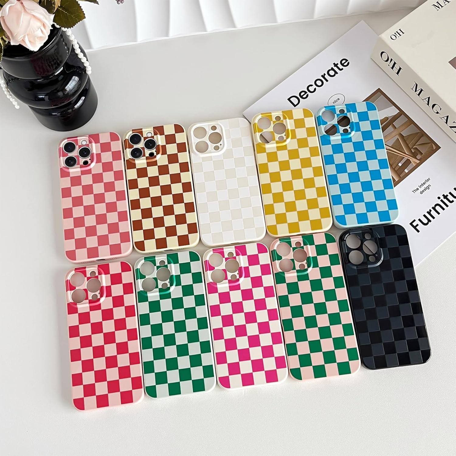 Skyseaco Compatible with iPhone 16 Pro Max Case Cute Checkerboard Checkered Pattern Design Soft Slim TPU Phone Case Shockproof Full Camera Protection for Women Girls - Pink&Green - Image 8