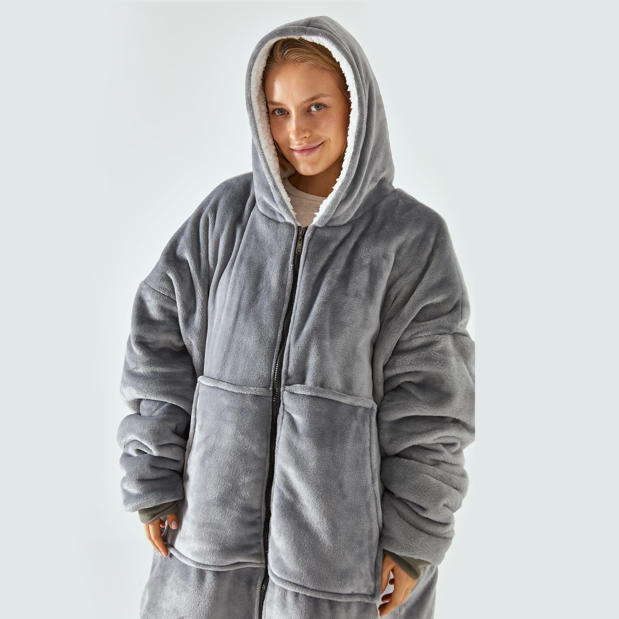 Pahajim Felpa Coperta con Cappuccio Oversize Coperta Indossabile Donna con Cerniera Flanella Calda e Morbida Felpe con Cappuccio per Adulti, Uomo, Donne, Adolescenti 90x120 cm