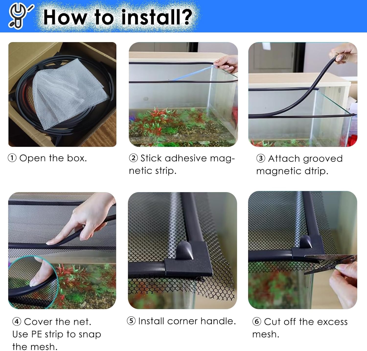 Square Fish Tank Anti-Jumping Net Cover Mesh, Magnetic Aquarium Lid, Custom DIY Aquarium Fish Screen Hood, Black Frame White Mesh, Top/Side Mount(L40xW40cm/15.7x15.7in)