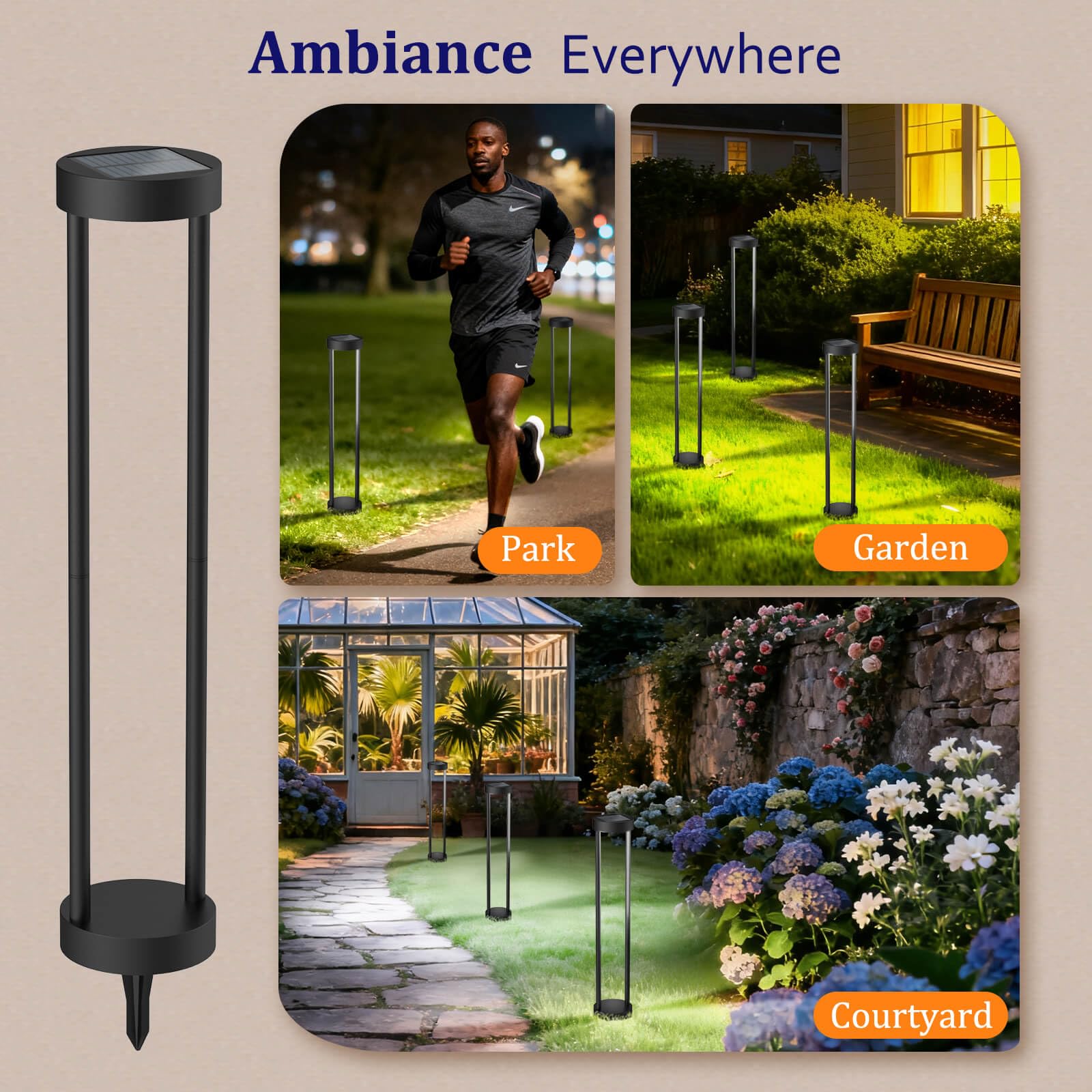 Solar-Pollerleuchten für den Außenbereich, 61 cm hoch, Edelstahl und Eisen, wasserdicht, Solar-Landschaftslicht für Hof, Garten, Gehweg, 4 Stück