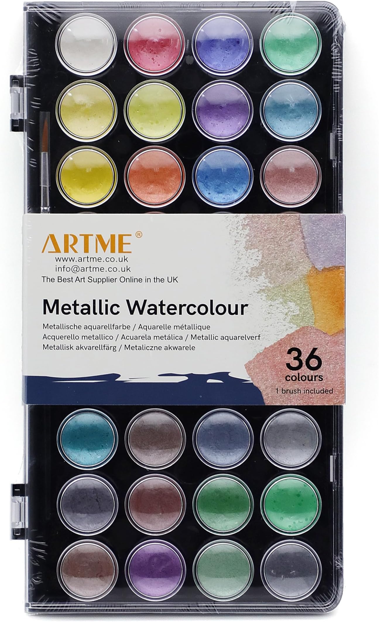 Artme Metallic Watercolour Painting Cake Palettes with an Artist Brush - 36 Vibrant Colours