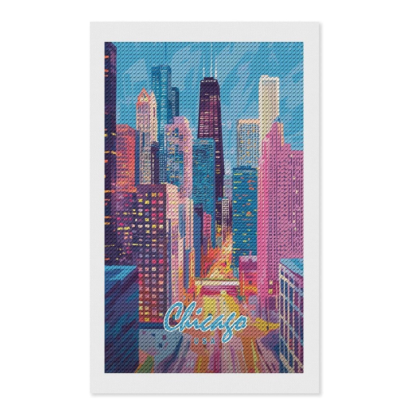 Junmoney Chicago Skyline Art Print DIY Diamond Art Canvas Kit 12"x20", for Teens, Finish and Display, Holiday Gift Idea, Vintage Style Decor