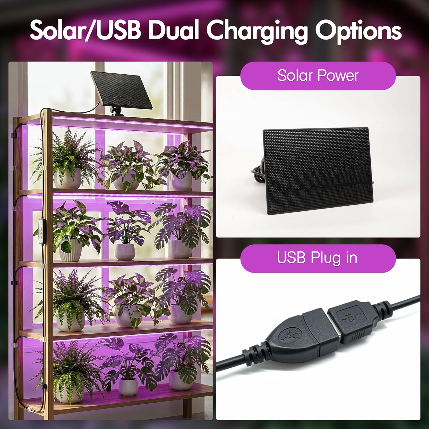 Solar Grow Light Strip with Battery Operated for Outdoor Plant, Full Spectrum Plant Growing Lights, IP65 Waterproof for Greenhouse, 16.4FT Indoor Solar Powered with Timer for All Stage Plants