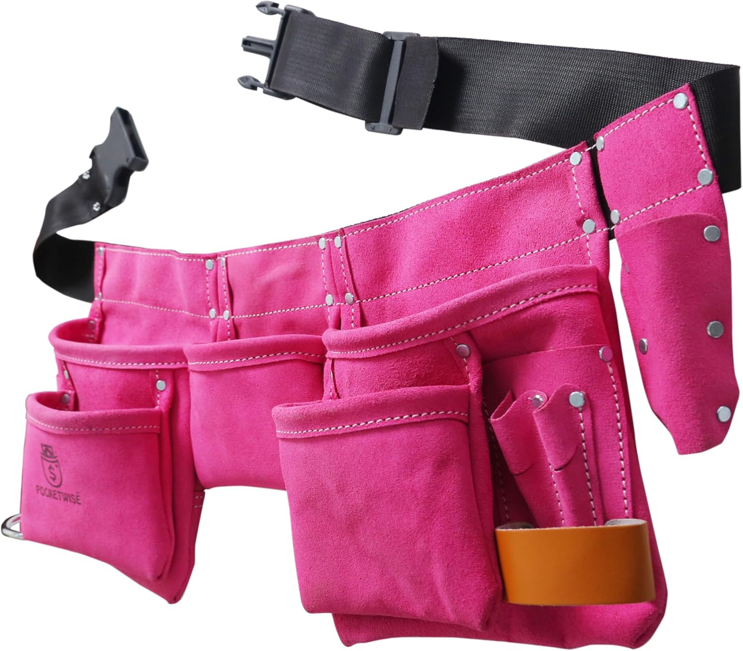 POCKETWISE Women's Tool Belt, 11 Pockets, Pink Leather, Adjustable Work Apron