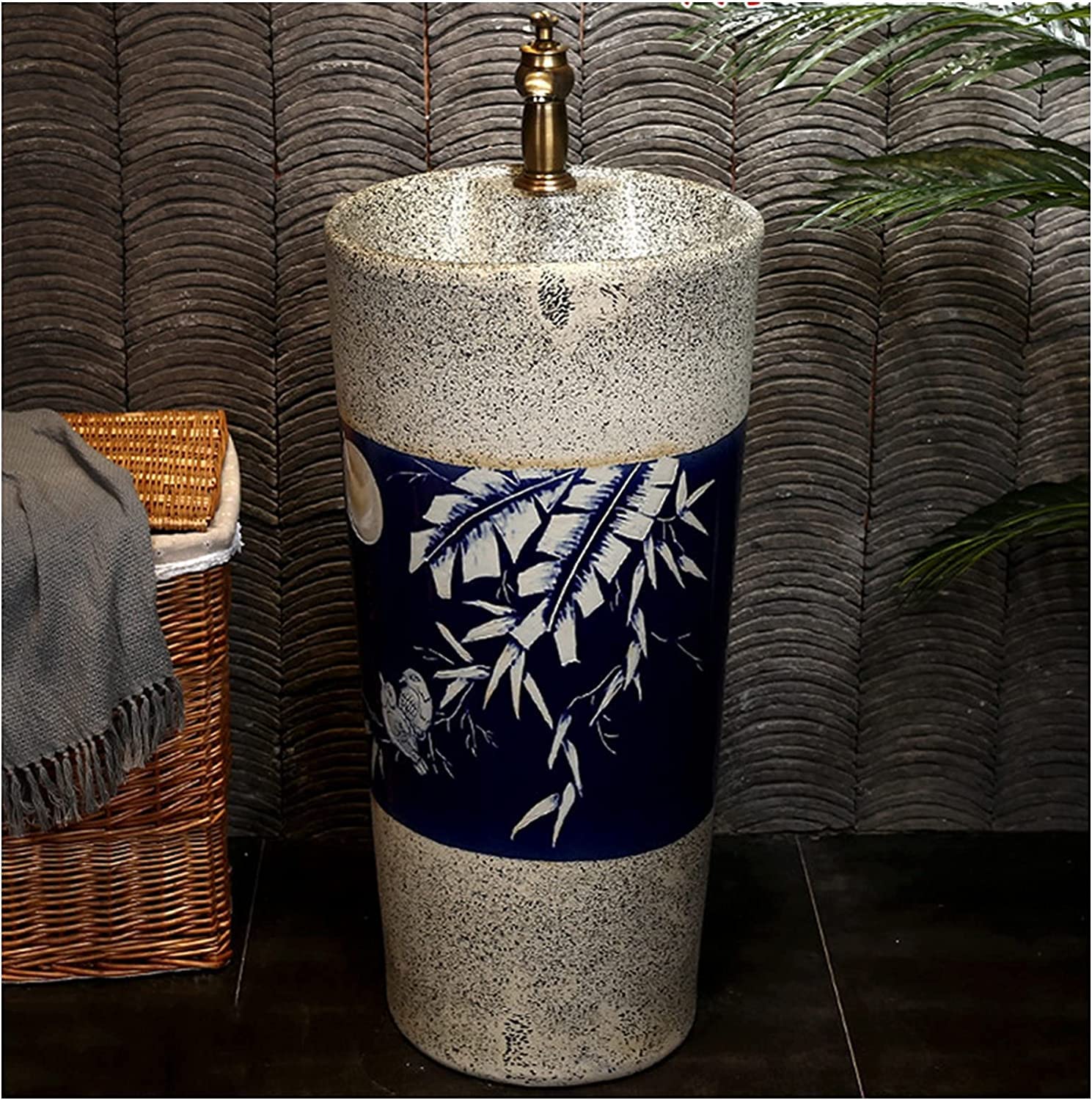 WDSOPK Freestanding Pedestal Sink Hotel Art Basin, Oval Bathroom Basin Sink, Ceramic and Lavatory for Indoor Outdoor (S)