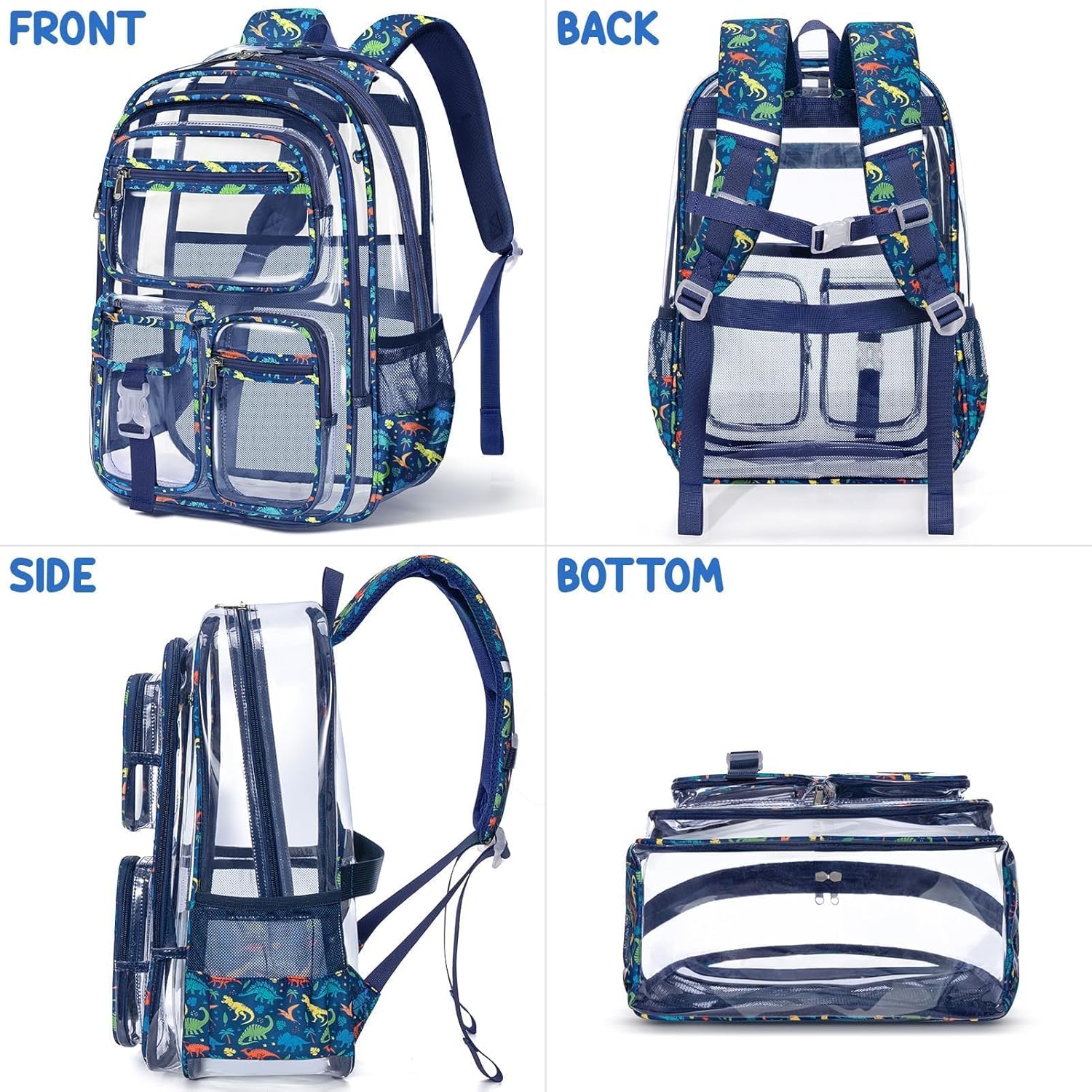Fimibuke Clear Backpack for Boys, 3PCS Heavy Duty PVC Transparent Boys Backpack with Lunch Box & Pencil Case, School Stadium Event Approved Toddler School Bookbag for Preschool Kindergarten Elementary