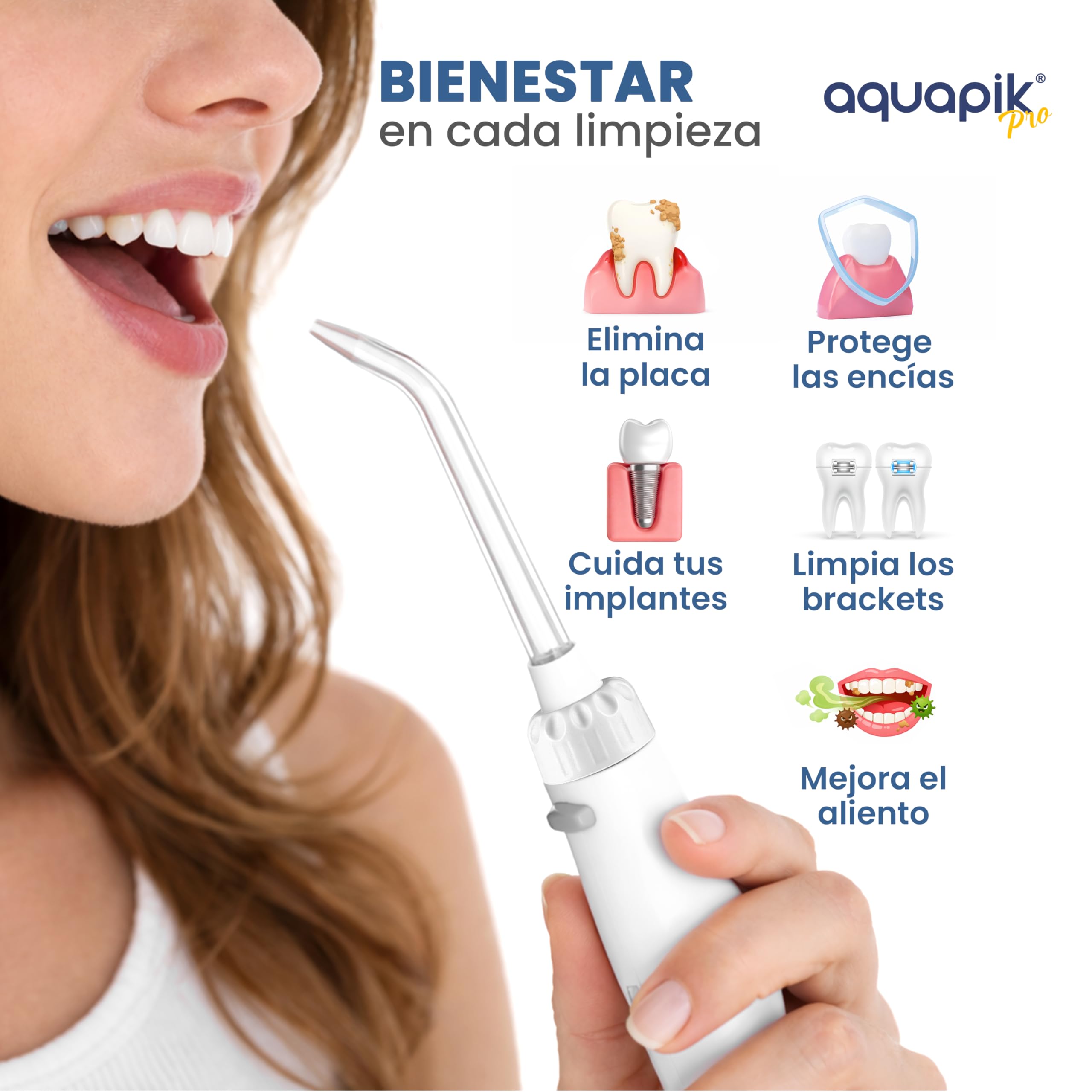 Aquapik PRO Irrigador dental Irrigador Bucal sobremesa 10 niveles de presión 600 mL 8 boquillas water flosser IPX7 Impermeable Limpieza Dental Elimina la placa Protege las encías y cuida tu ortodoncia