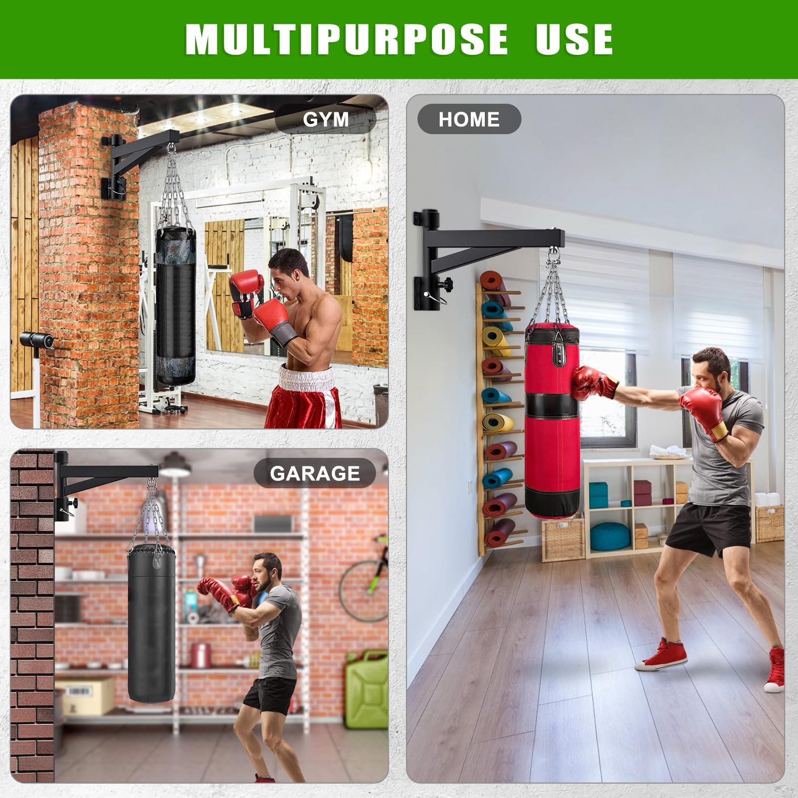 Kipika Support mural pour sac de frappe lourd de 61 cm, capacité de 362,9 kg avec support rotatif à 360° et design pliable, support de sac de frappe pour boxe, muay thai, sac de vitesse MMA et