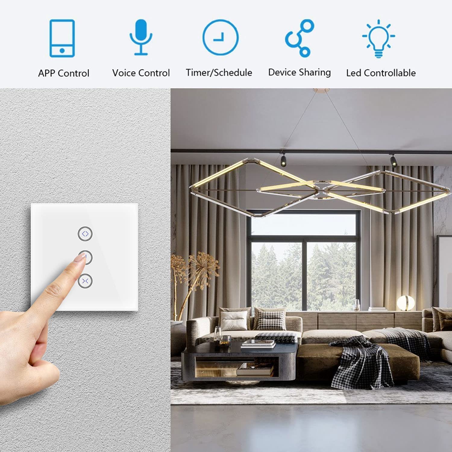 Lot de 2 interrupteurs de volet roulant Wi-Fi encastrés - Avec commande de volet roulant - Interrupteur électrique intelligent avec panneau tactile - Compatible avec Alexa et Google Home - Application