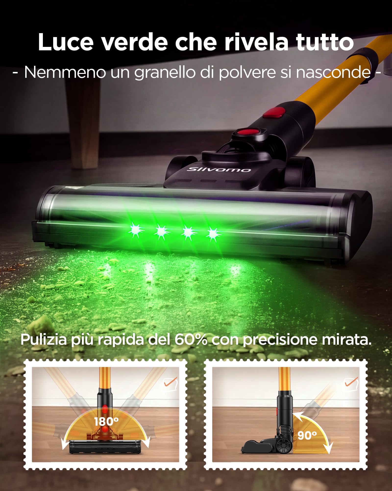 S16 Aspirapolvere Senza Fili, 50kPa/600W/45min, Batteria Rimovibile, Scopa Elettrica Leggero con Luce LED Verde, Autoportante, per Peli Di Animali/Pavimenti Duri, Arancione