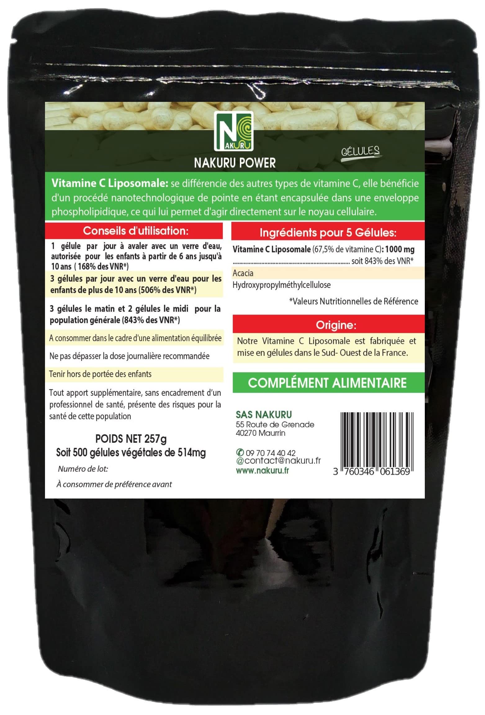 NAKURU | Vitamine C Liposomale | NAKURU Power | Fabriqué en France | "La Révolution Nanotechnologique !" | (500 Gélules Végétales de 514mg / Poids Net: 257g)
