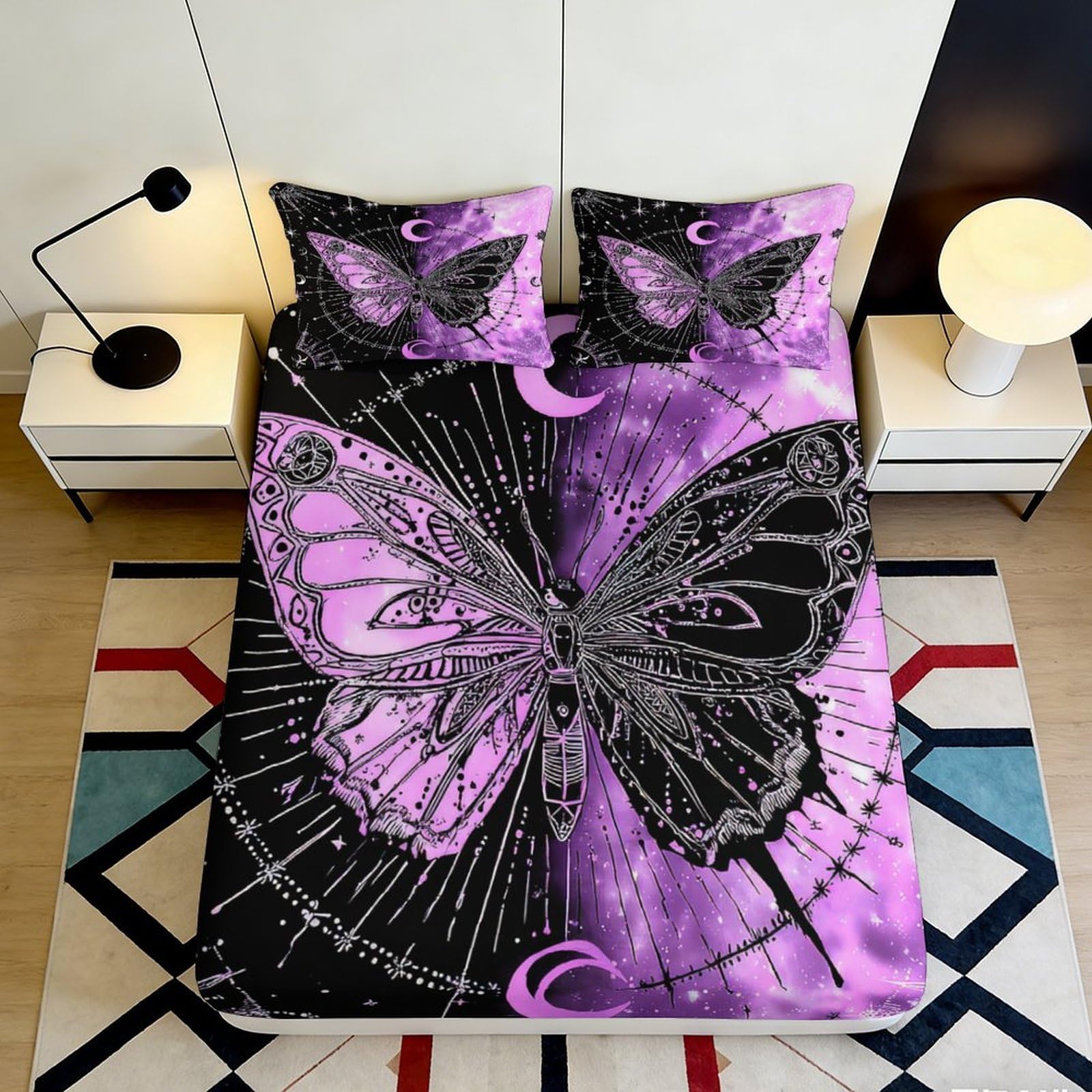 3D Printed Butterfly Deep Pocket Fitted Sheet Microfiber Non-Slip Elastic Hem Butterfly Mattress Fitted Cover for Bedroom 200x200x25cm 90x200x25cm