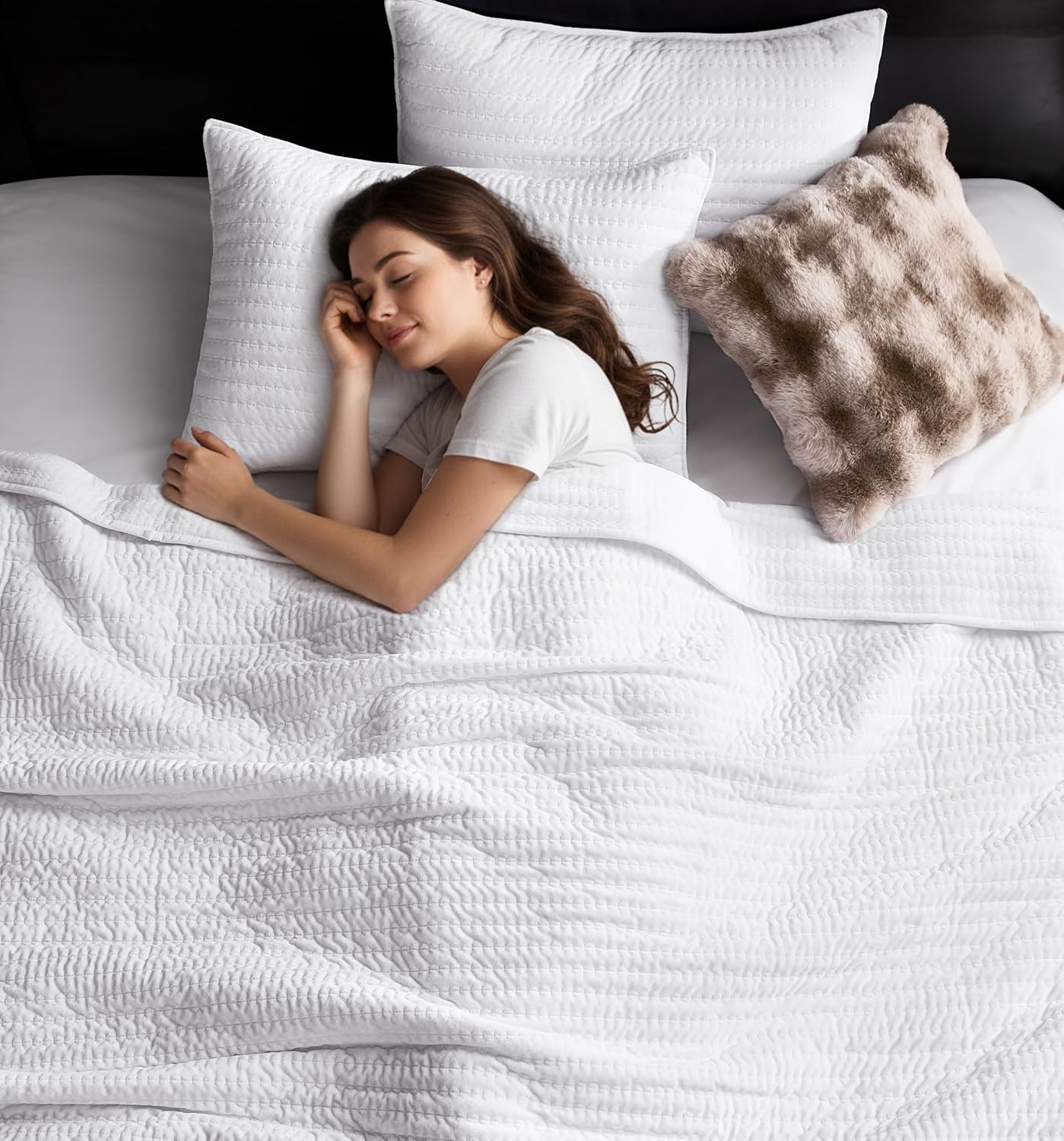 WDCOZY Velvet King Size Quilt Set - White Striped Pick Stitch Soft Lightweight Bedspread, Channel Farmhouse Country Rustic Coverlet, Modern Bedding Warm Thin Comforter, 3 Pieces - Image 3