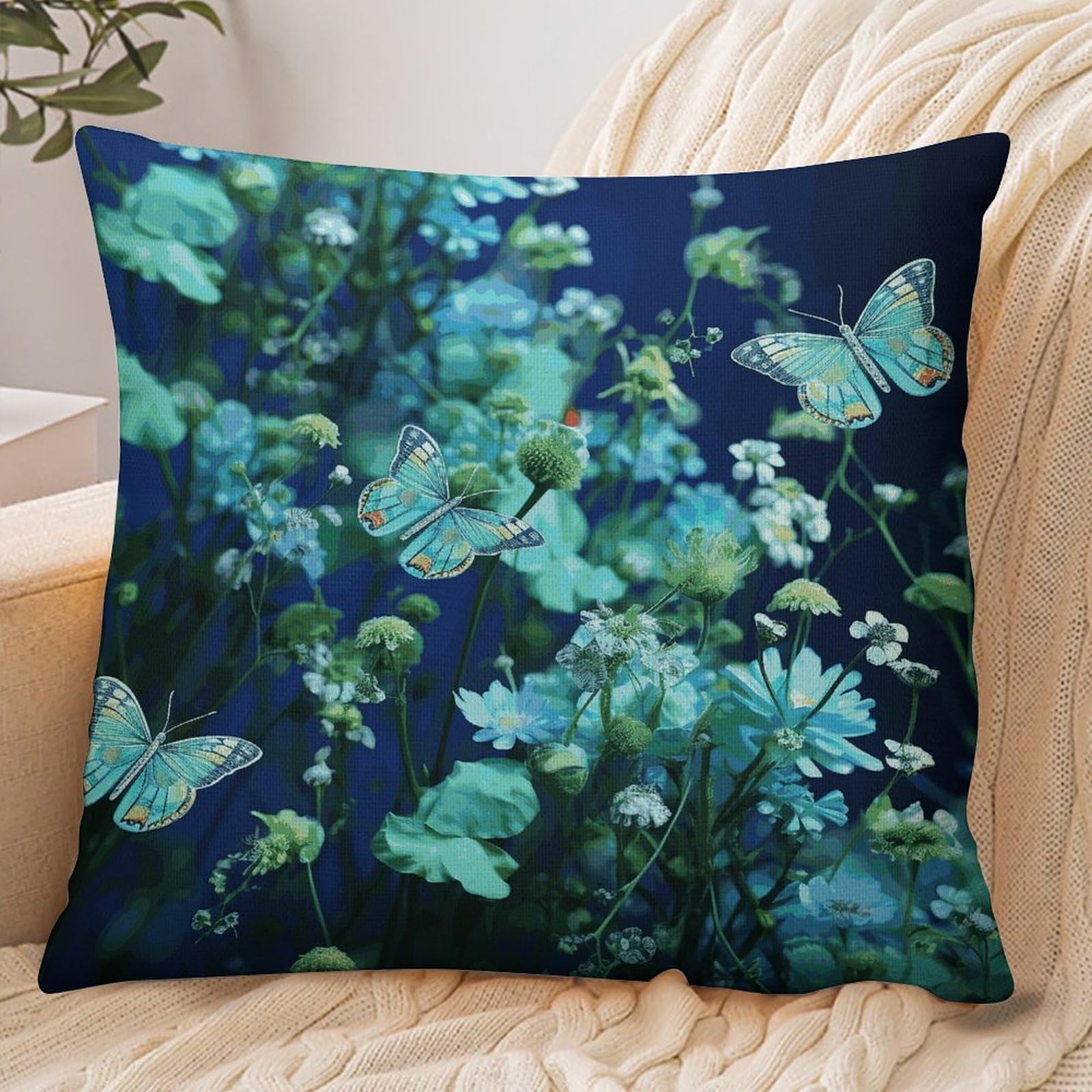 Fekiloot Style Green Butterfly And Blue Flowers Pillowcase Pillow Sham Pillow Case
