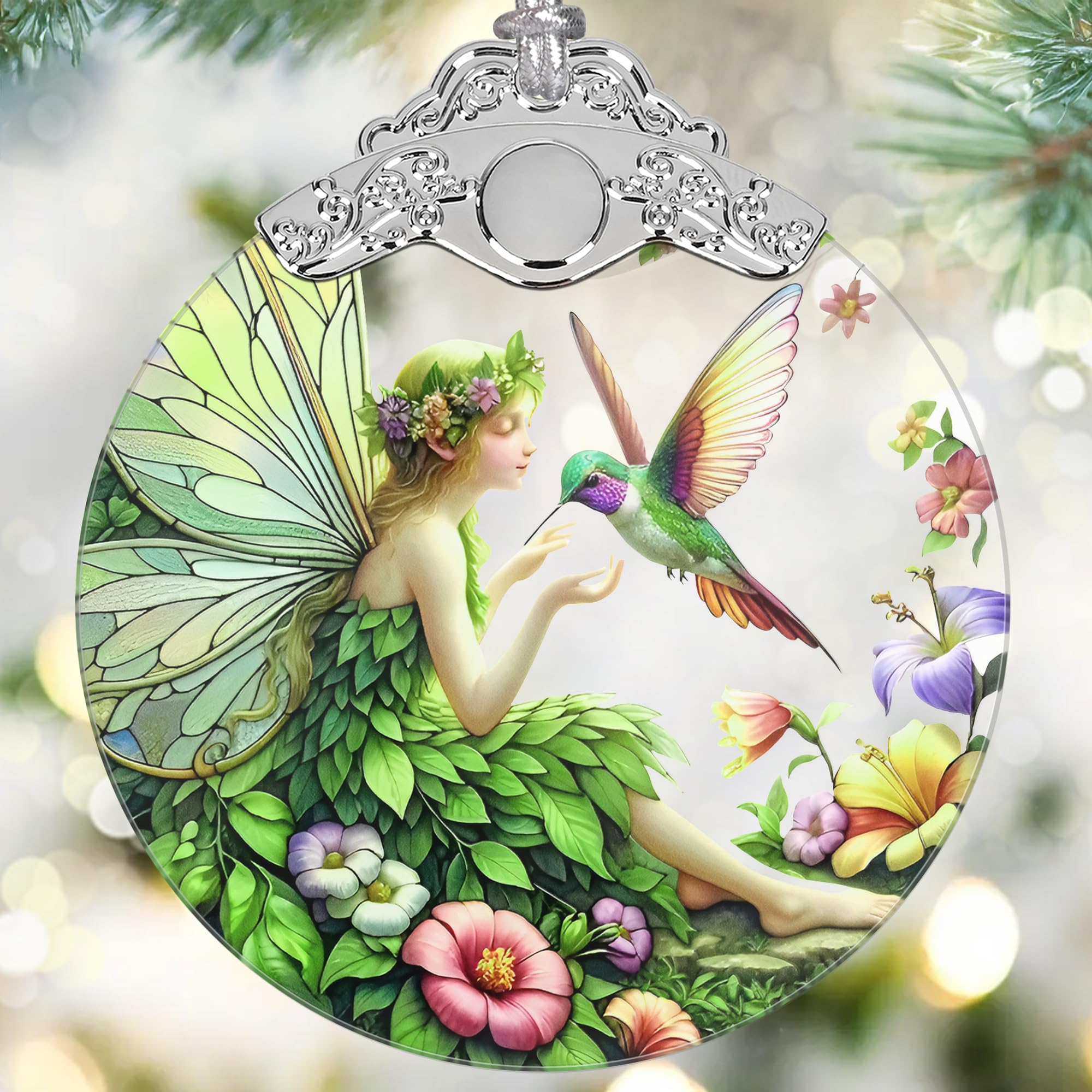 Fairy & Hummingbird Christmas Ornament - Stained Glass Hanging Decor - Tree Decoration - Gifts for Women, Her, Mom