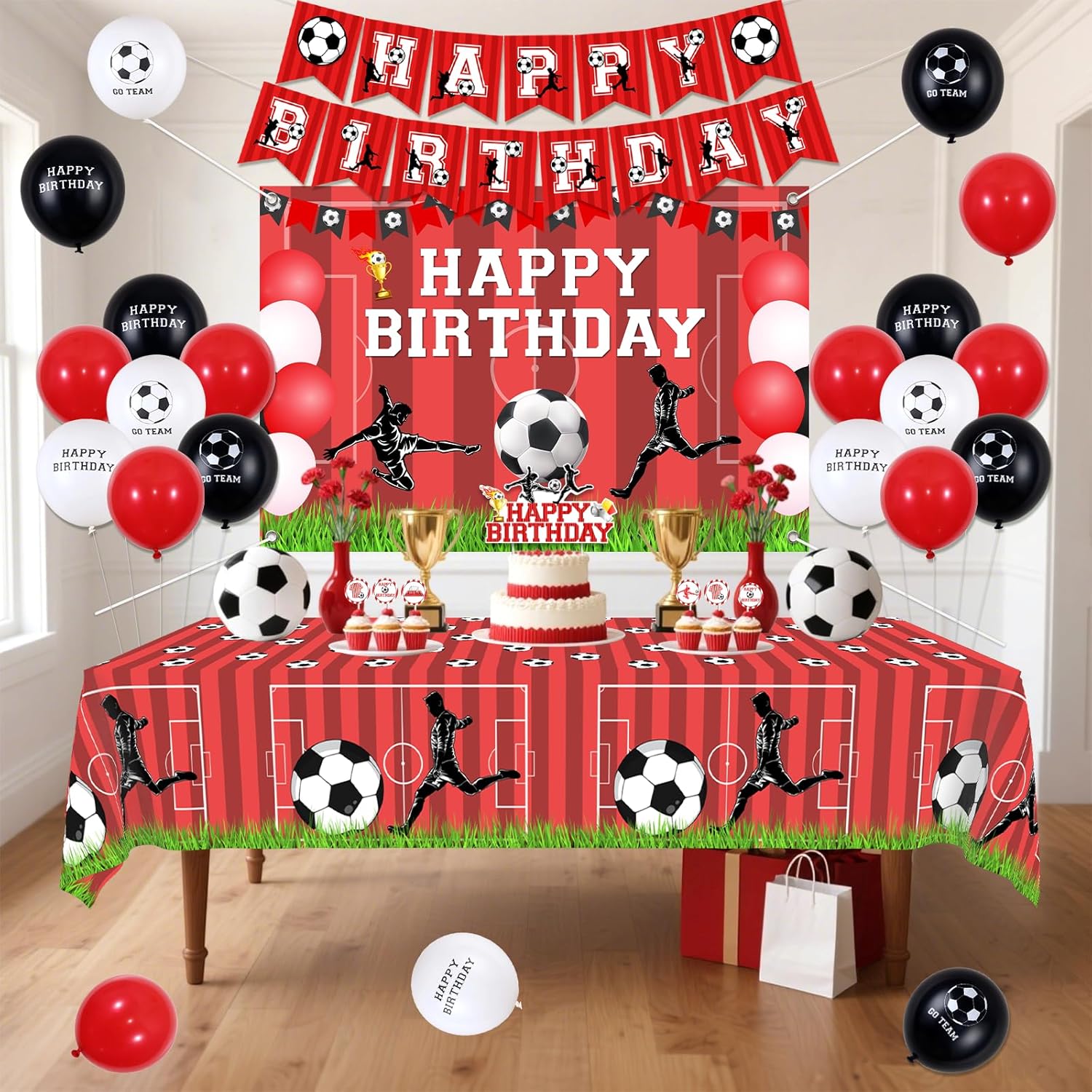 Sursurprise Soccer Birthday Decorations, Red Soccer Birthday Backdrop Banner Tablecloth Cake Topper Cupcake Toppers Balloons, Sports Party Supplies