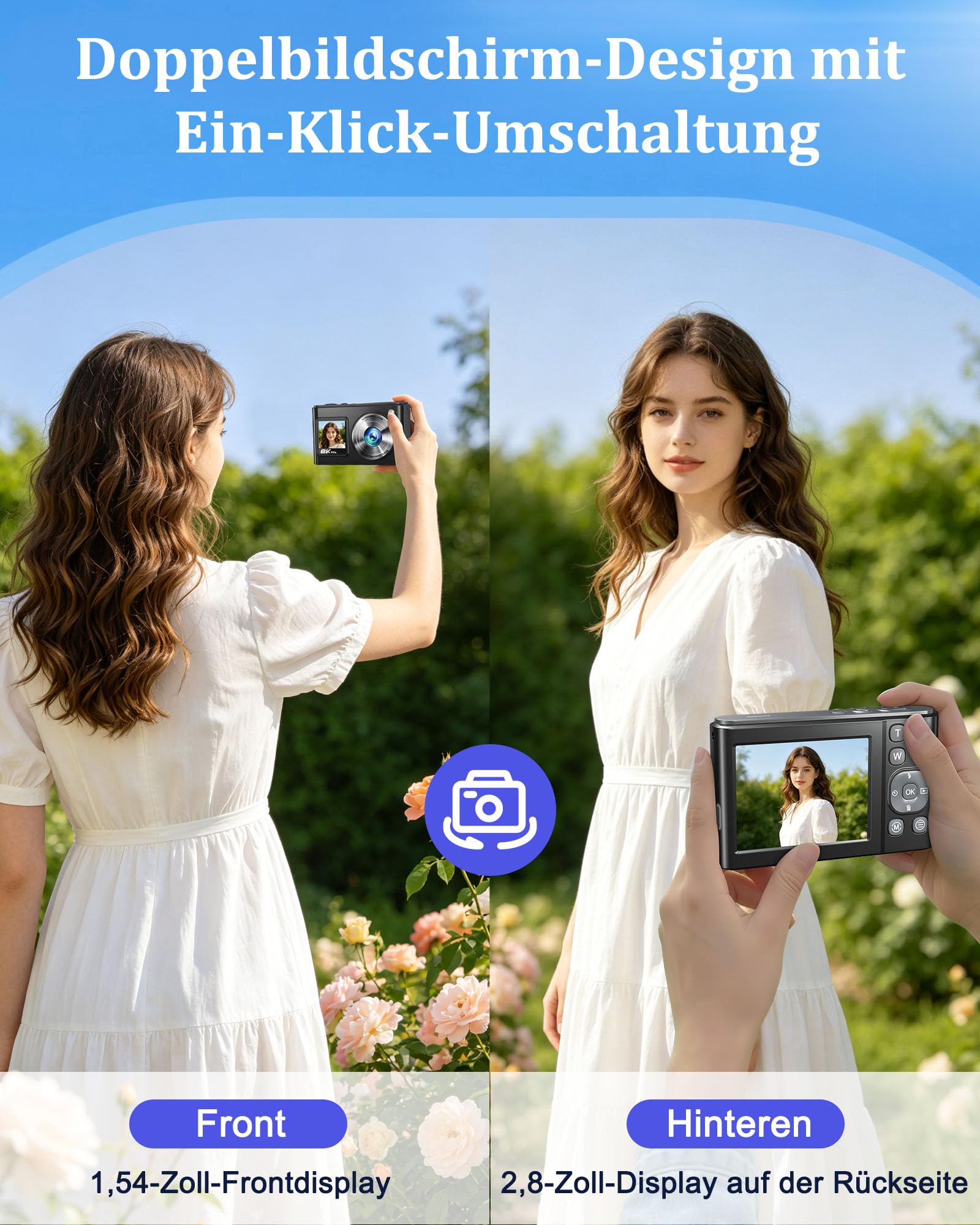 2026 Neueste Digitalkamera 8K 96MP Vlogging Kamera mit WLAN, Dual-Display Autofokus Bildstabilisator Kompaktkamera für Einsteiger, Digitale Kamera mit 32GB SD Karte und 2 Akkus