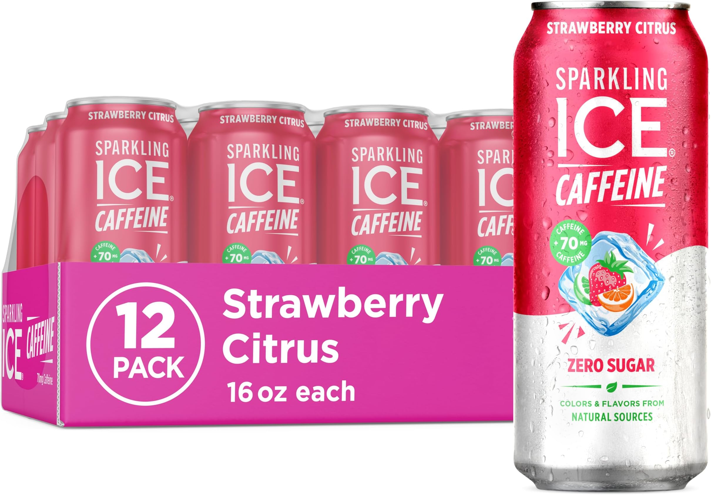 Sparkling Ice Caffeine Strawberry Citrus Sparkling Water with Caffeine, Zero Sugar, with Antioxidants and Vitamins,16 fl oz Cans (Pack Of 12)