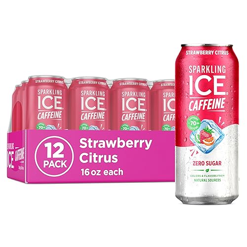 Sparkling Ice +Caffeine, Fresa Cítrico. Agua con gas saborizada, con antioxidantes y vitaminas, cero azúcar. Latas de 16 oz (Paquete de 12)