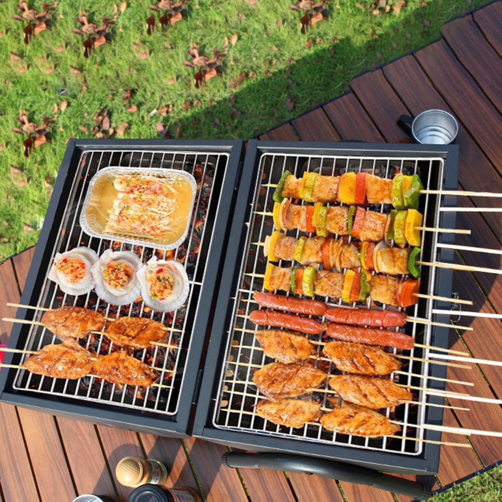 Grill Portátil de Carbón para Barbacoa Parrilla de Mesa Integrada Herramienta Multifuncional de Cocina Y Picnic Soporte Compacto con Red, Negro