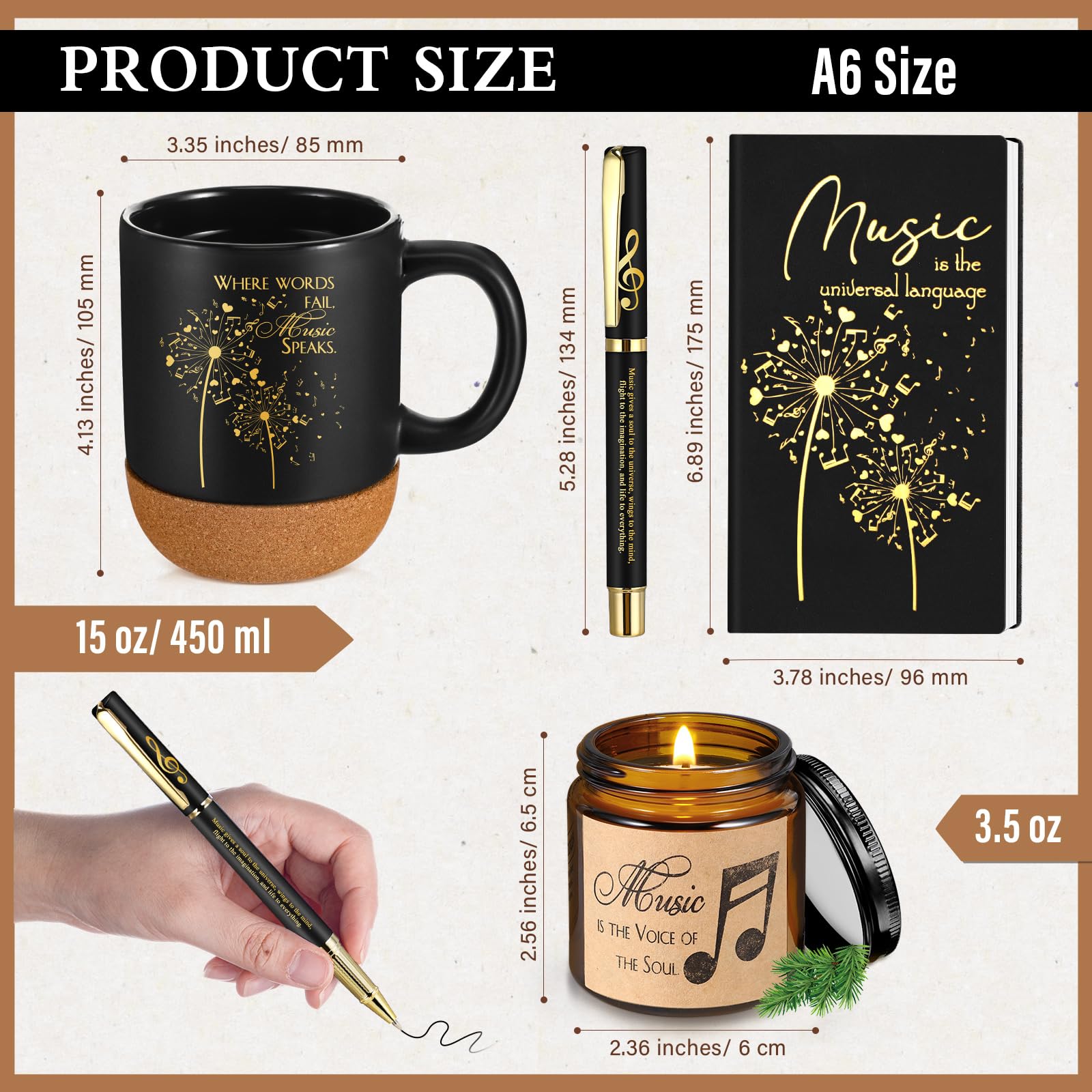 SiliFine 4 Pcs Music Lover Gifts Women Men 15 oz Musician Coffee Mug with Lid Leather Journal Notebook Candle and Pen Set Music Teacher Thank You Gift for Piano Students Birthday Retirement(Black)