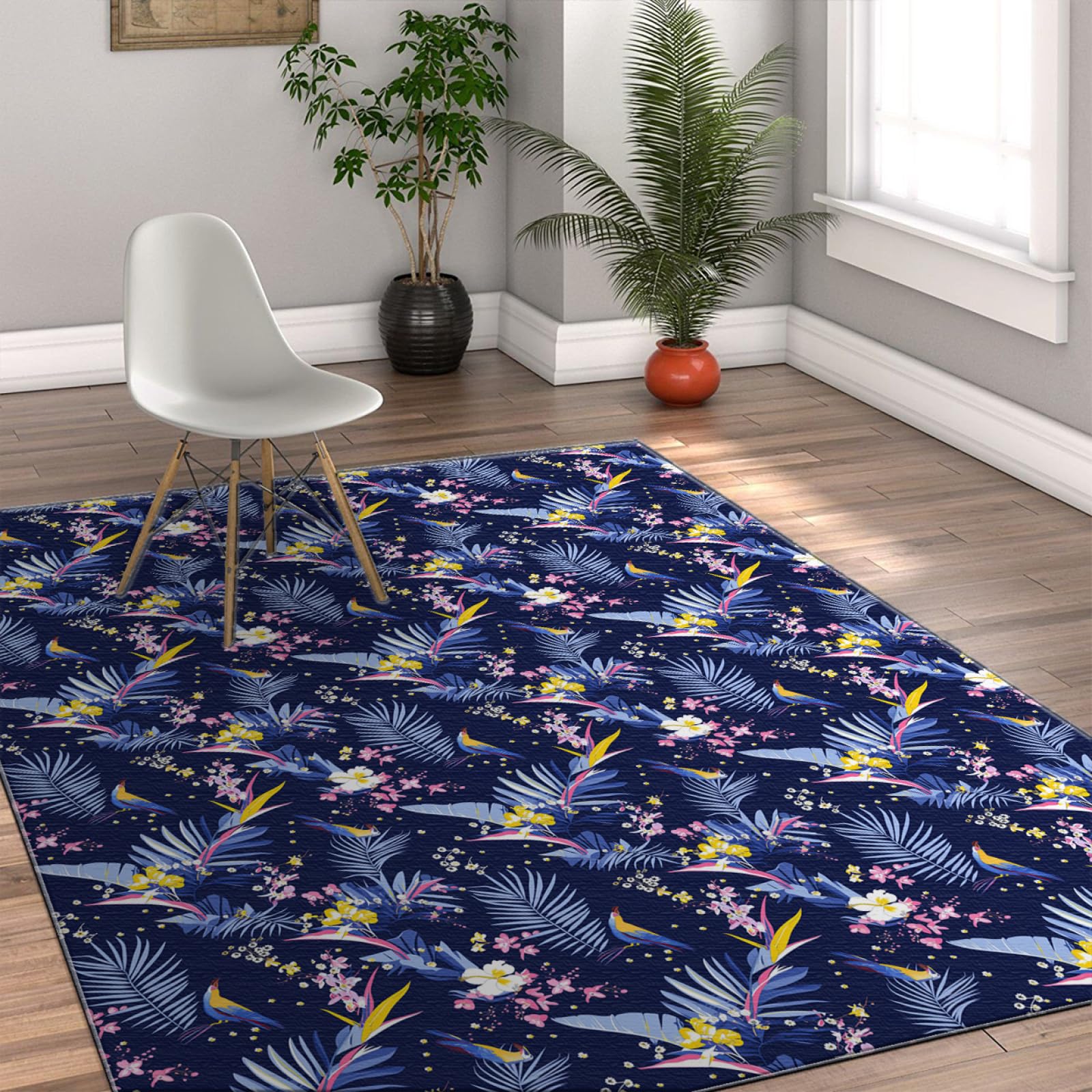 Tapis rectangulaire Bleu Vintage Retro Oriental Design Fleurs rustiques Tapis antidérapant en Caoutchouc Support pour Le Bureau à Domicile 60x90cm