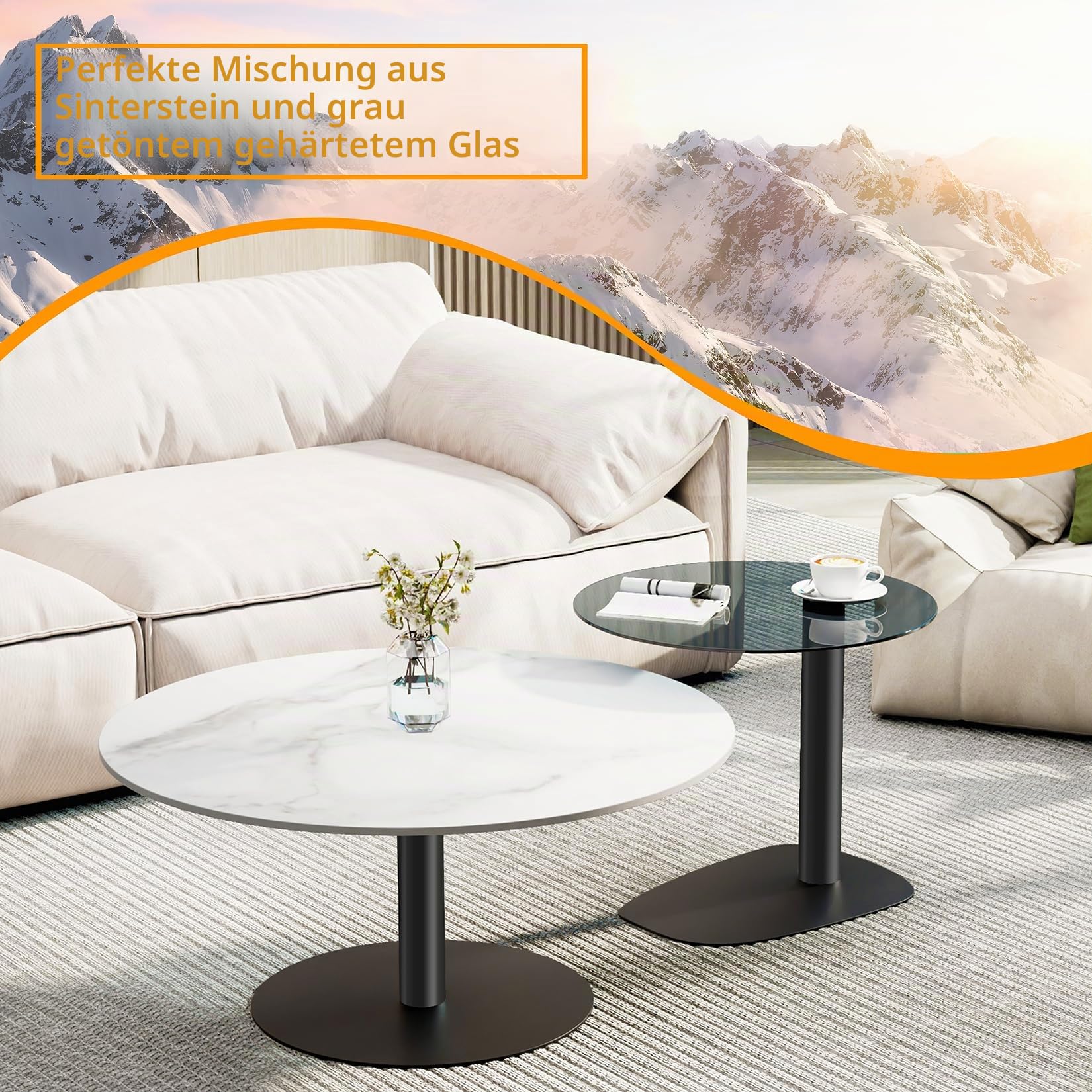 FATIVO Wohnzimmertisch 2er Set Rund, Marmor Couchtisch Satztisch Schwarz Weiß Glas Beistelltisch - Modern Sofatisch für Wohnzimmer - Groß: 80×80×38.5 cm Klein: 50×50×45 cm