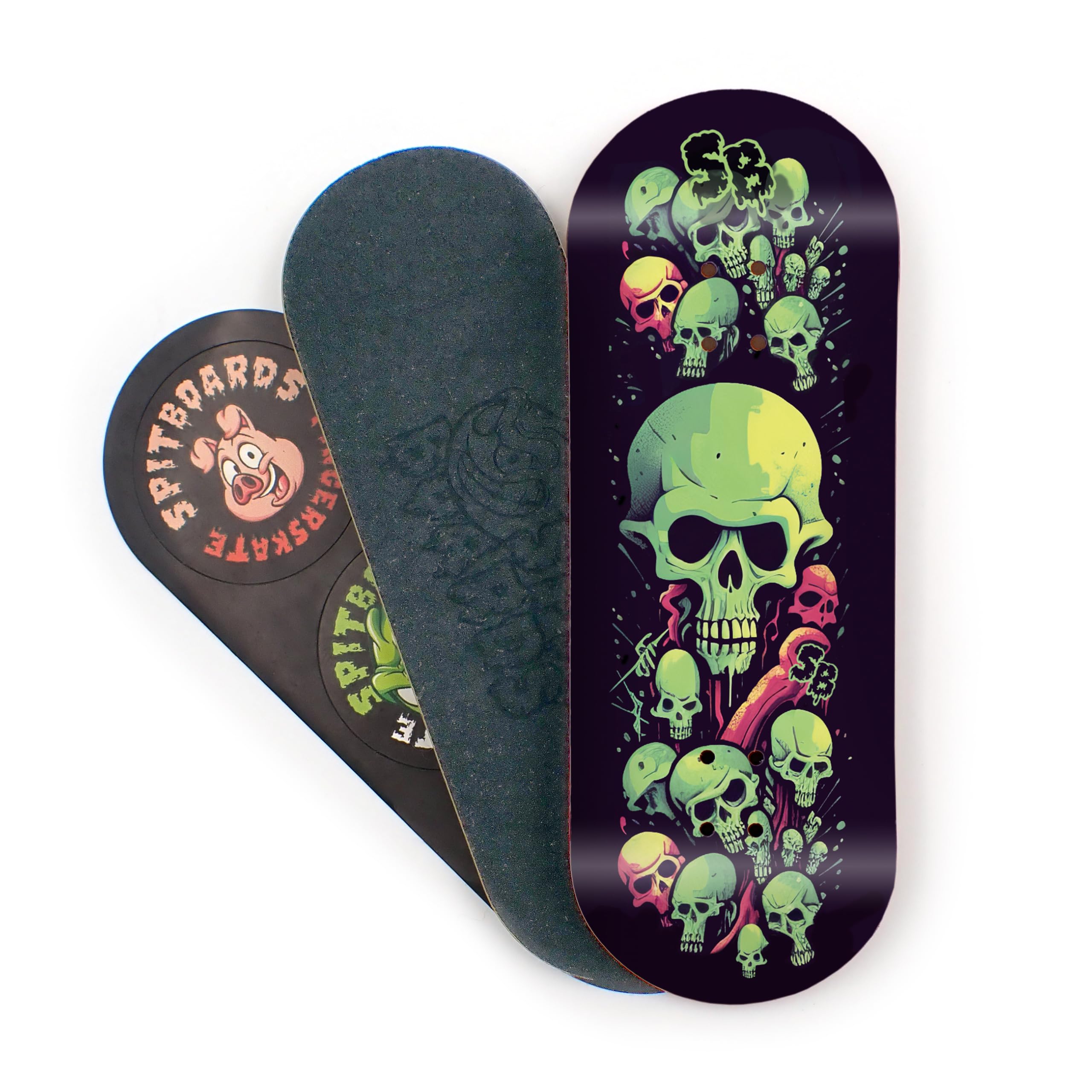 SPITBOARDS Touche 34 mm – Bois véritable (5 couches) Forme classique Popsicle Street – Taille : 34 x 96 mm – Planche graphique unique (usure réelle) – Concave optimisée – Crâne vert citron
