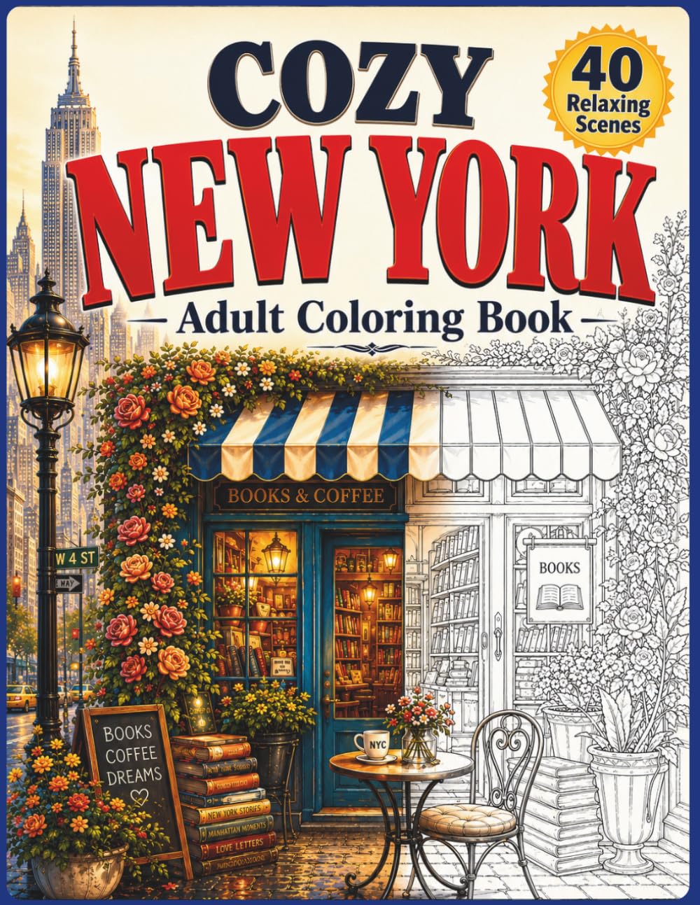 Cozy New York Coloring Book: A Relaxing Coloring Journey Through Cozy Cafes, Brownstone Streets, Bookshops, Flowers, Central Park Moments, and Beautiful City Views