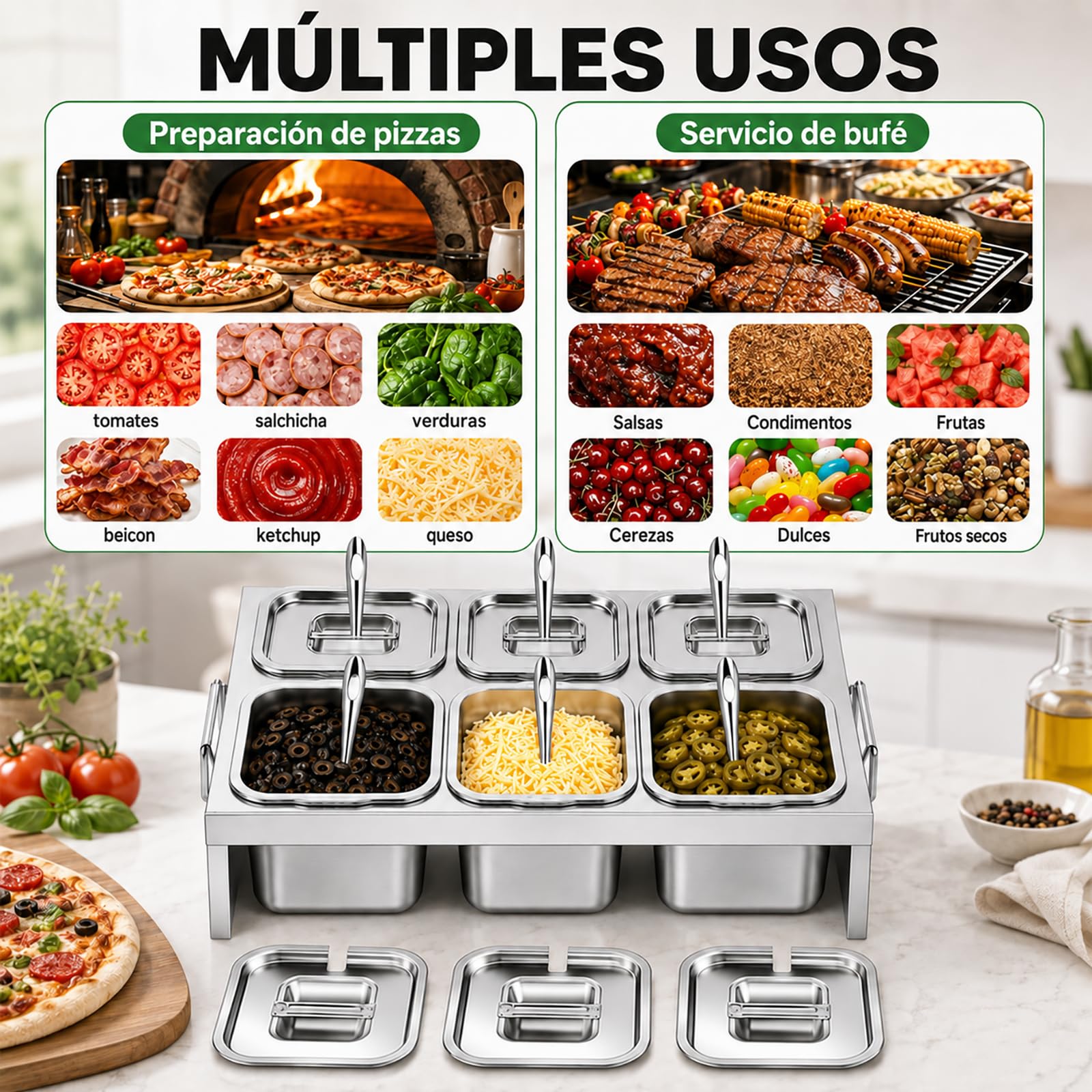 Recipientes de Acero Inoxidable para Alimentos 6 x 2L con Tapa y Cuchara – Estación de Acero Inoxidable para Añadir Ingredientes a la Pizza, BBQ, Salsas y Verduras – Bandeja GN para Cocina Restaurante