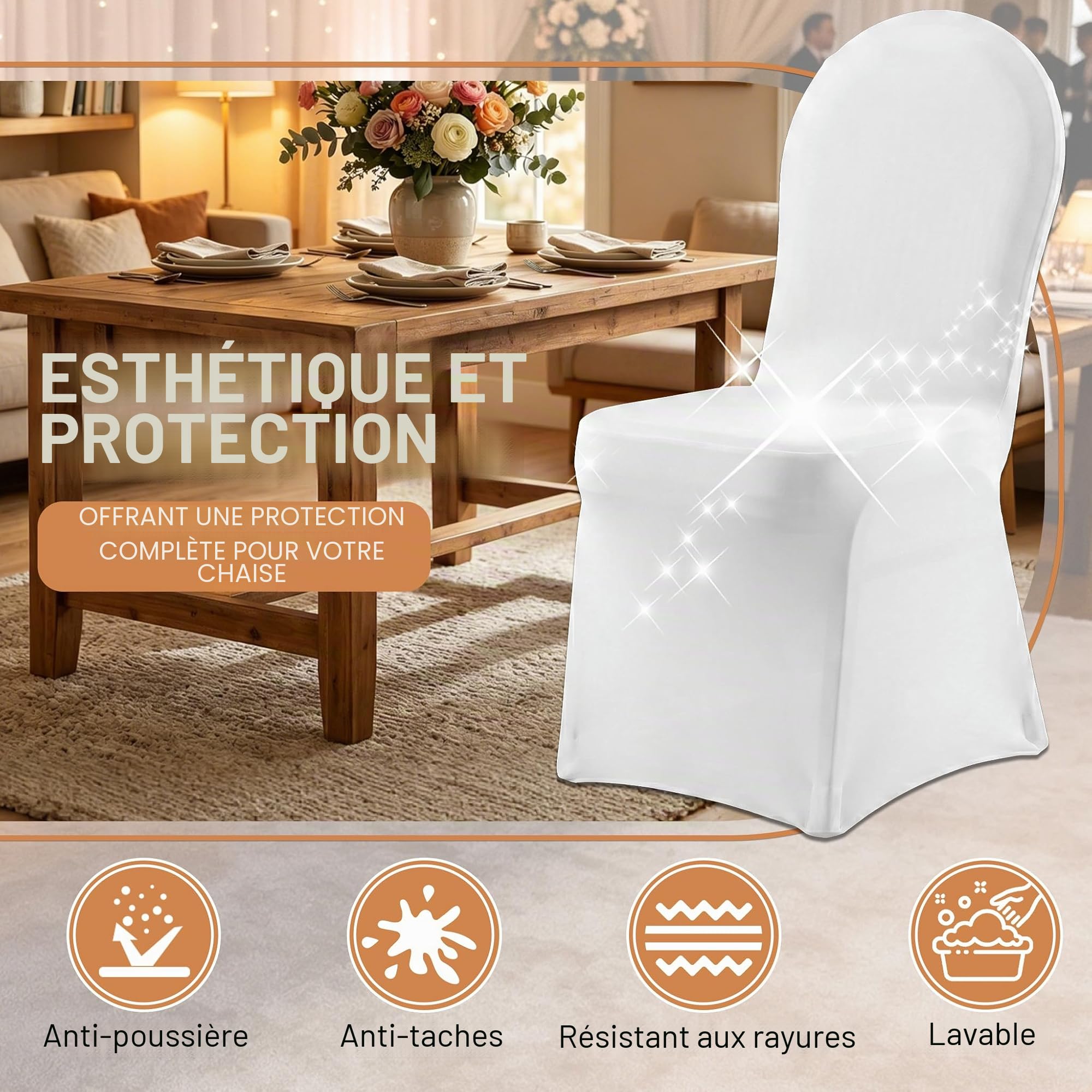 Aufun Lot de 50 Housses de Chaise universelles en Lycra pour Salle à Manger, Mariage, hôtel, Restaurant, Banquet, fête, Blanc 50 pezzi Bianchi Blanc