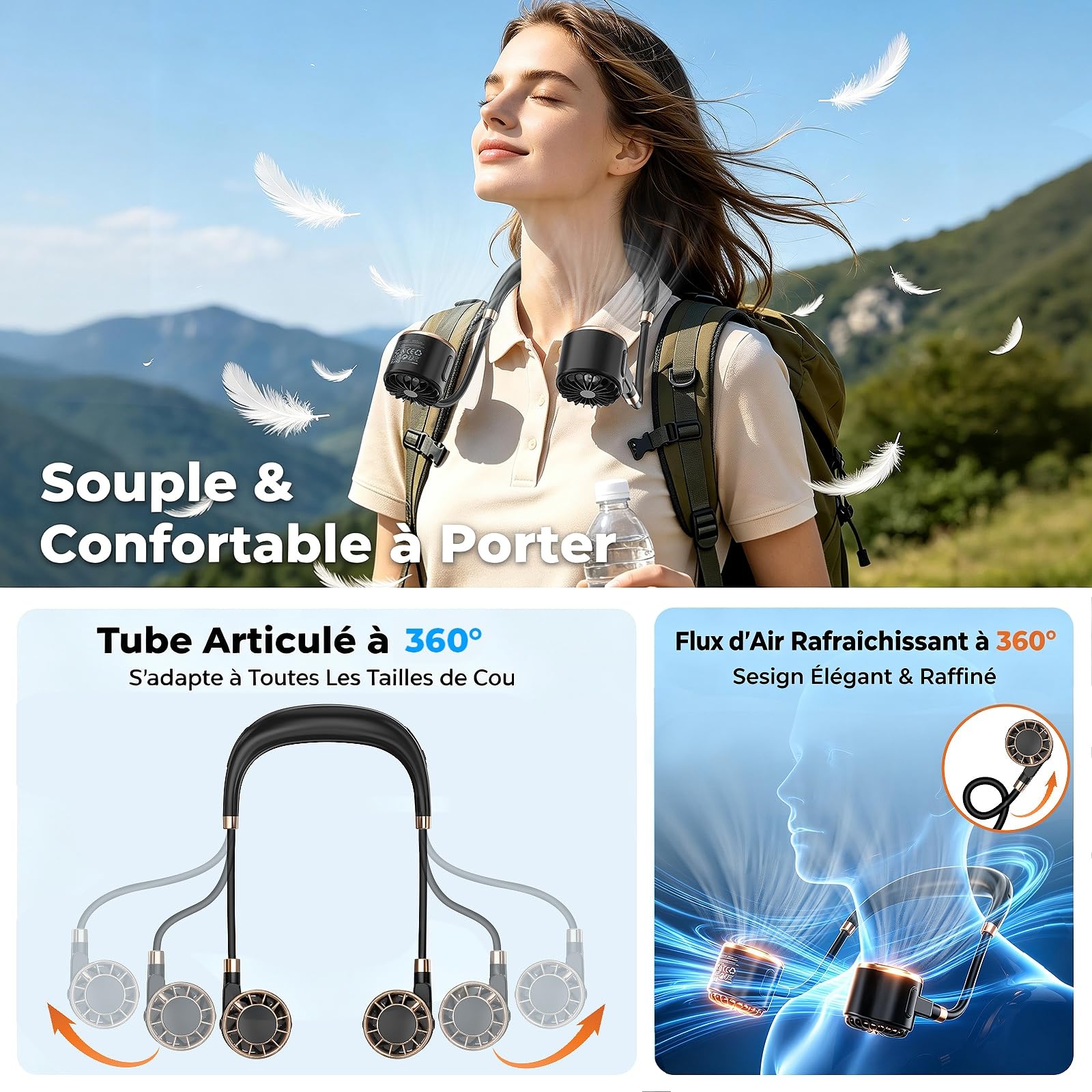 Ventilateur de Cou, 4000mAh USB Ventilateur de Cou Portable avec 6 Vitesses, Ventilateur Cou à Double Tête & Flux d’Air 360°, Ultra-Léger, Mains Libres pour Bureau, Voyage, Trajet, Extérieur, Cuisiner