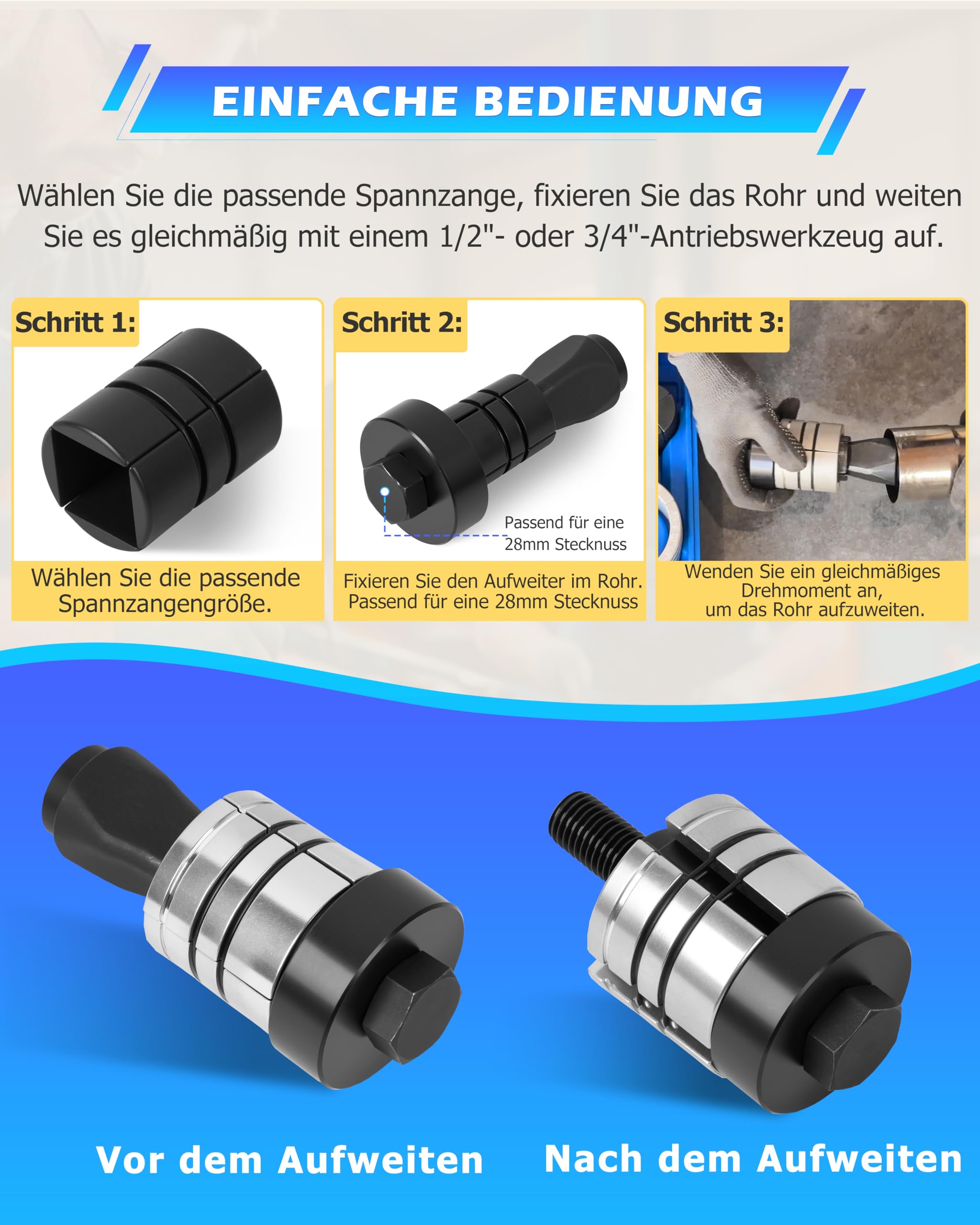 DAYUAN Rohraufweiter Auspuffrohr Expander Set, Rohrspreizer & Rohraufweiter Werkzeug für Auspuffrohre